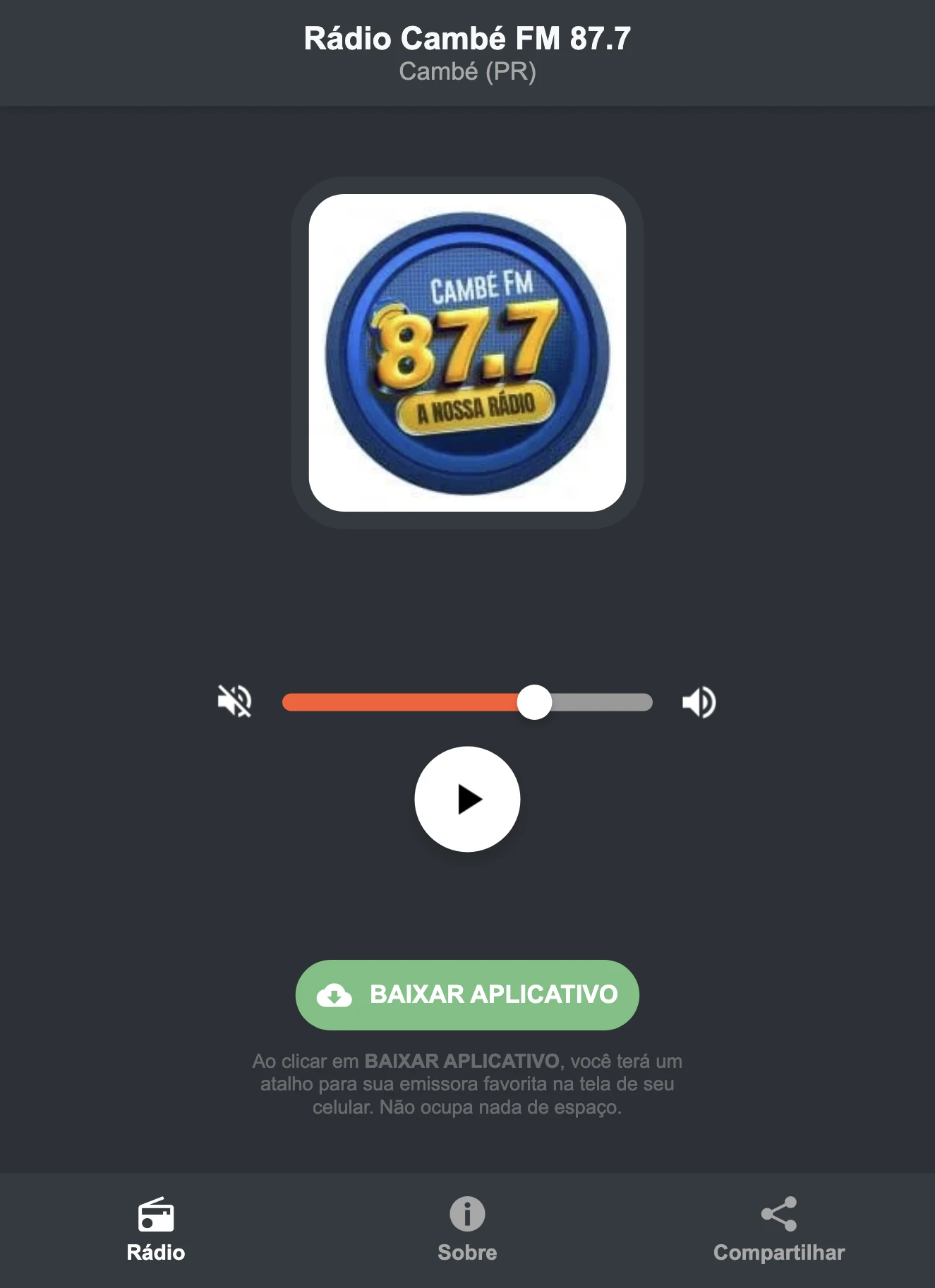 Screenshot do aplicativo da Rádio Cambé FM 87.7