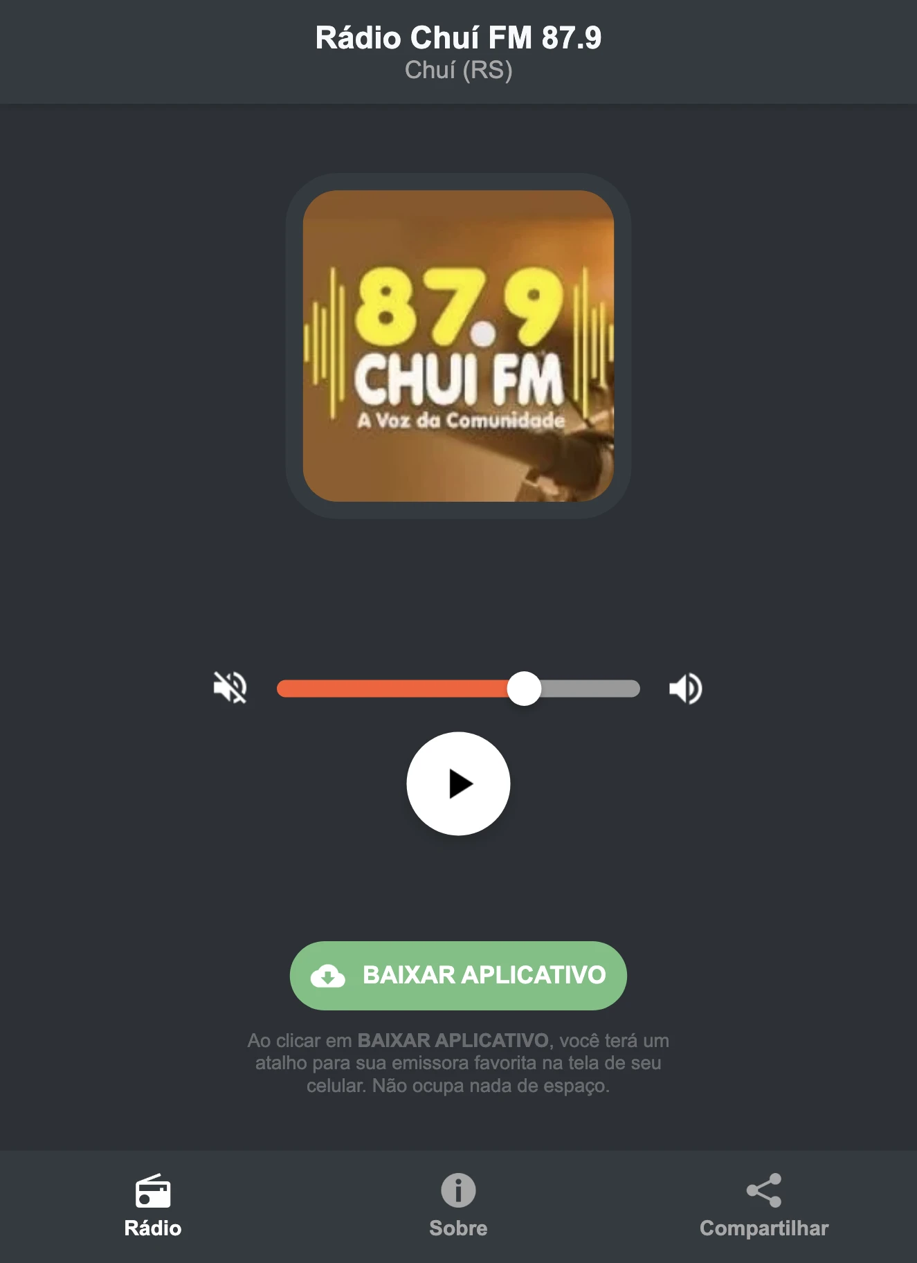 Screenshot do aplicativo da Rádio Chuí FM 87.9
