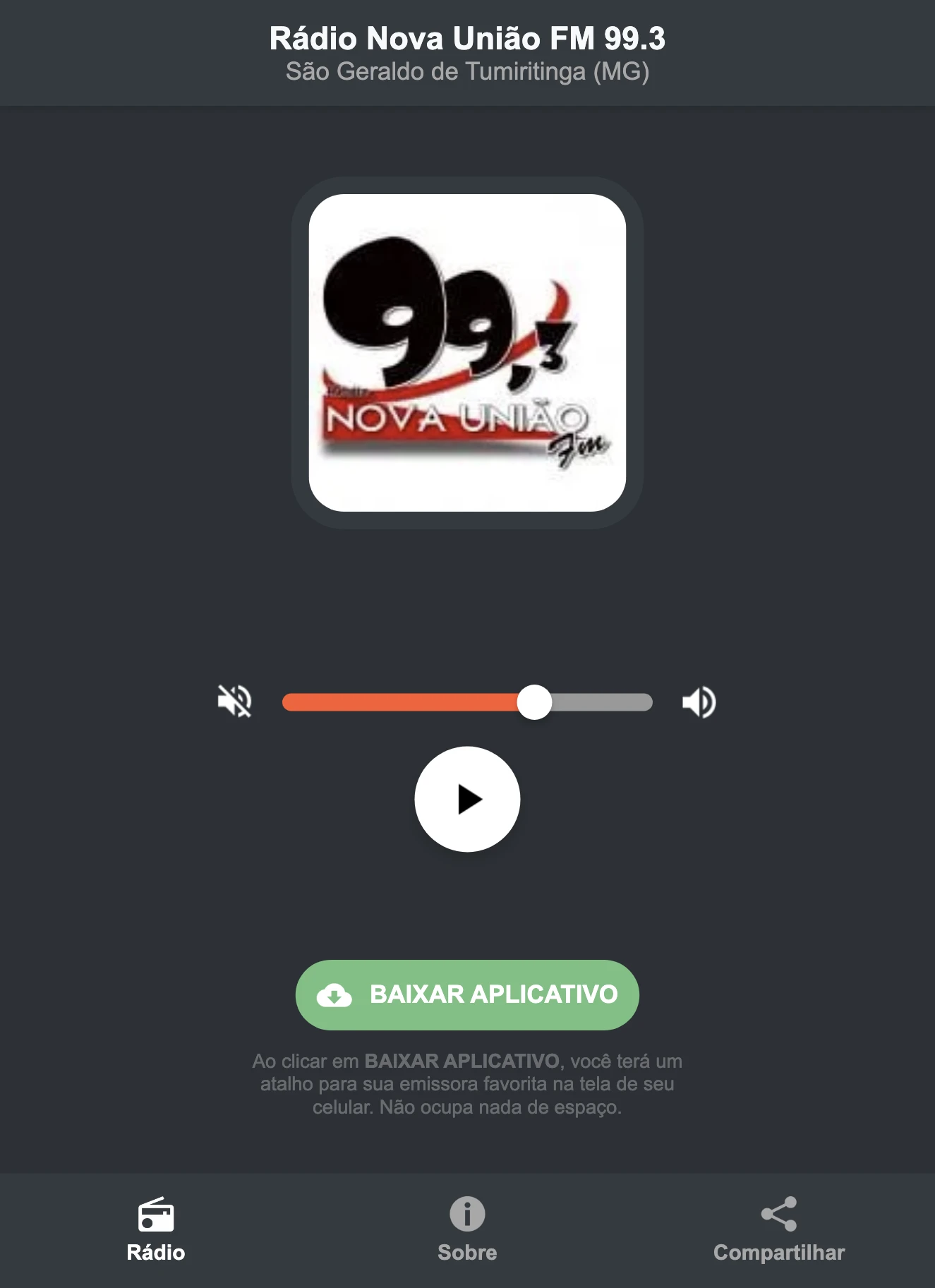 Screenshot do aplicativo da Rádio Nova União FM 99.3