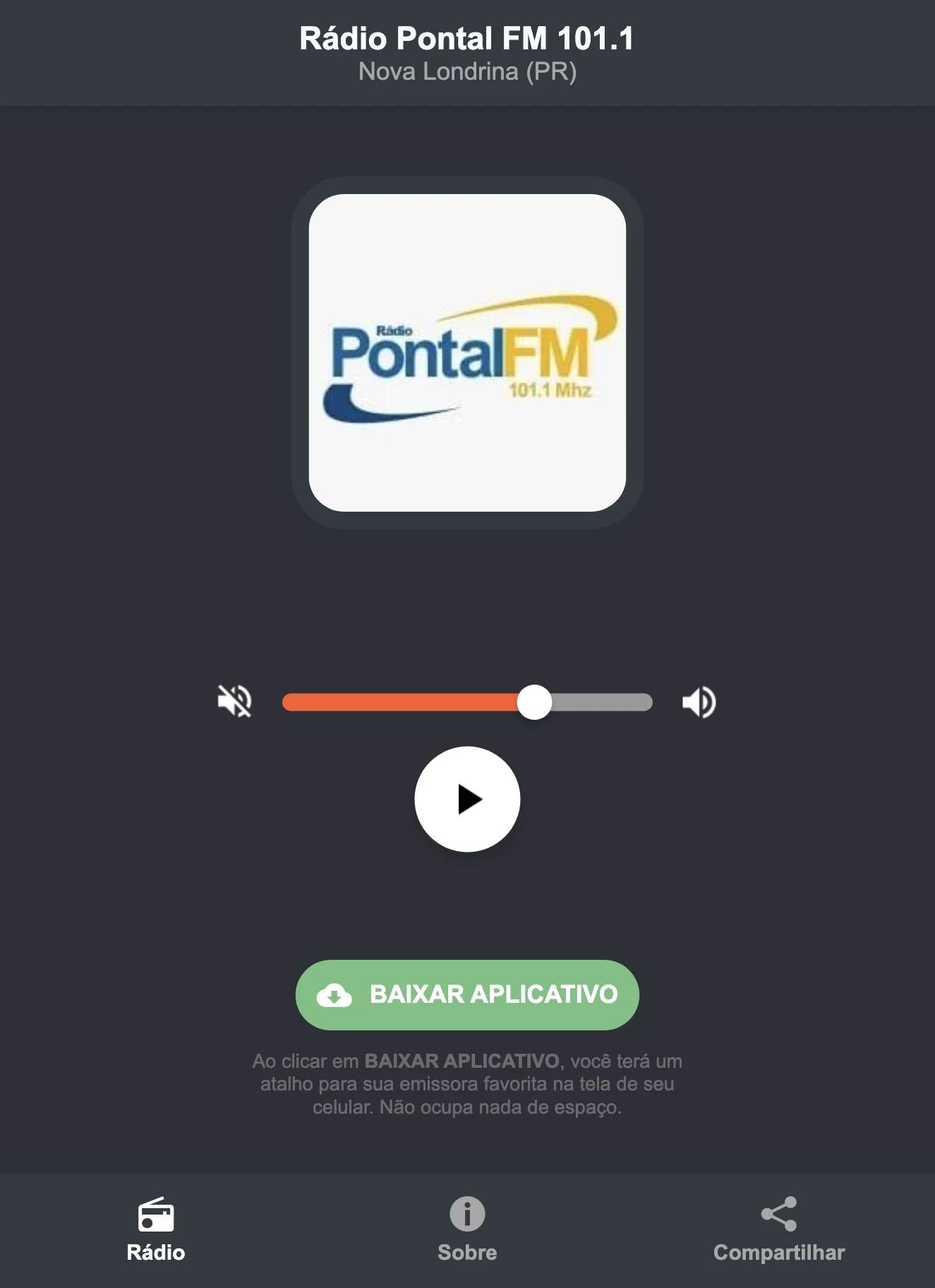 Screenshot do aplicativo da Rádio Pontal FM 101.1