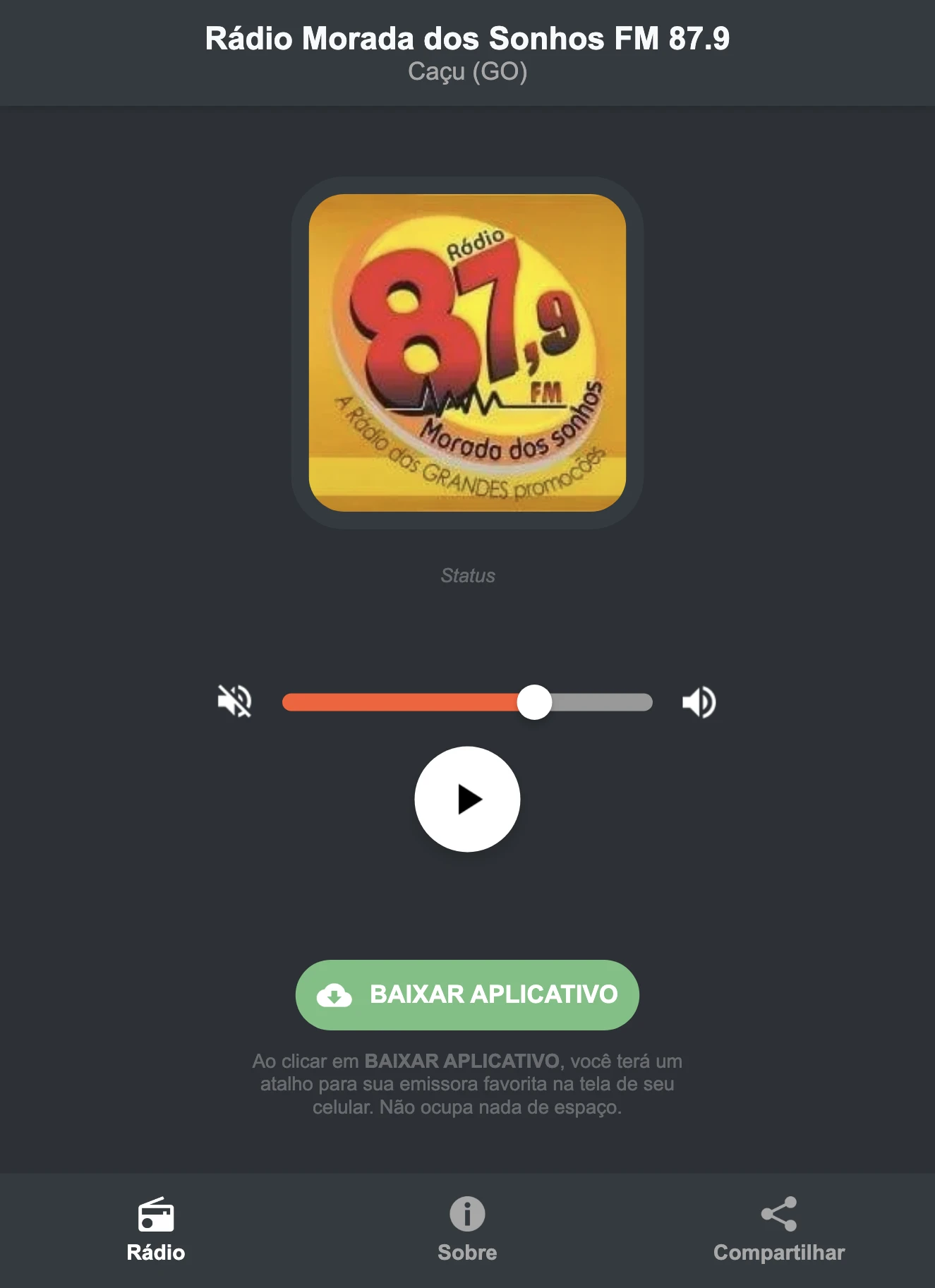 Screenshot do aplicativo da Rádio Morada dos Sonhos FM 87.9