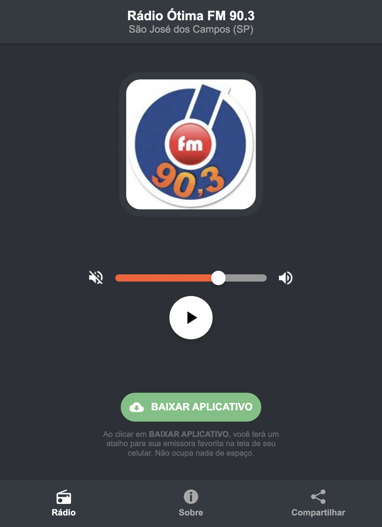 Screenshot do aplicativo da Rádio Ótima FM 90.3