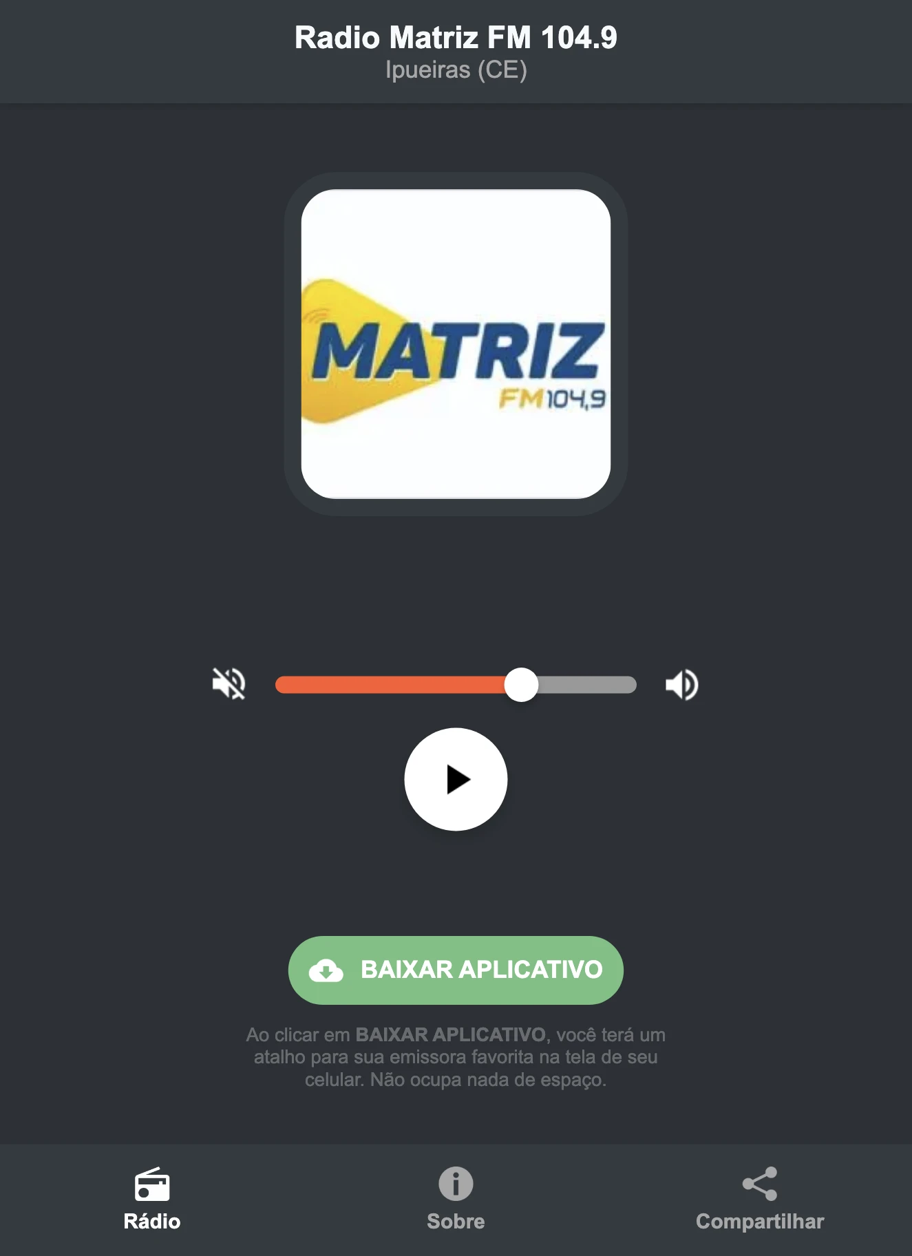 Screenshot do aplicativo da Radio Matriz FM 104.9