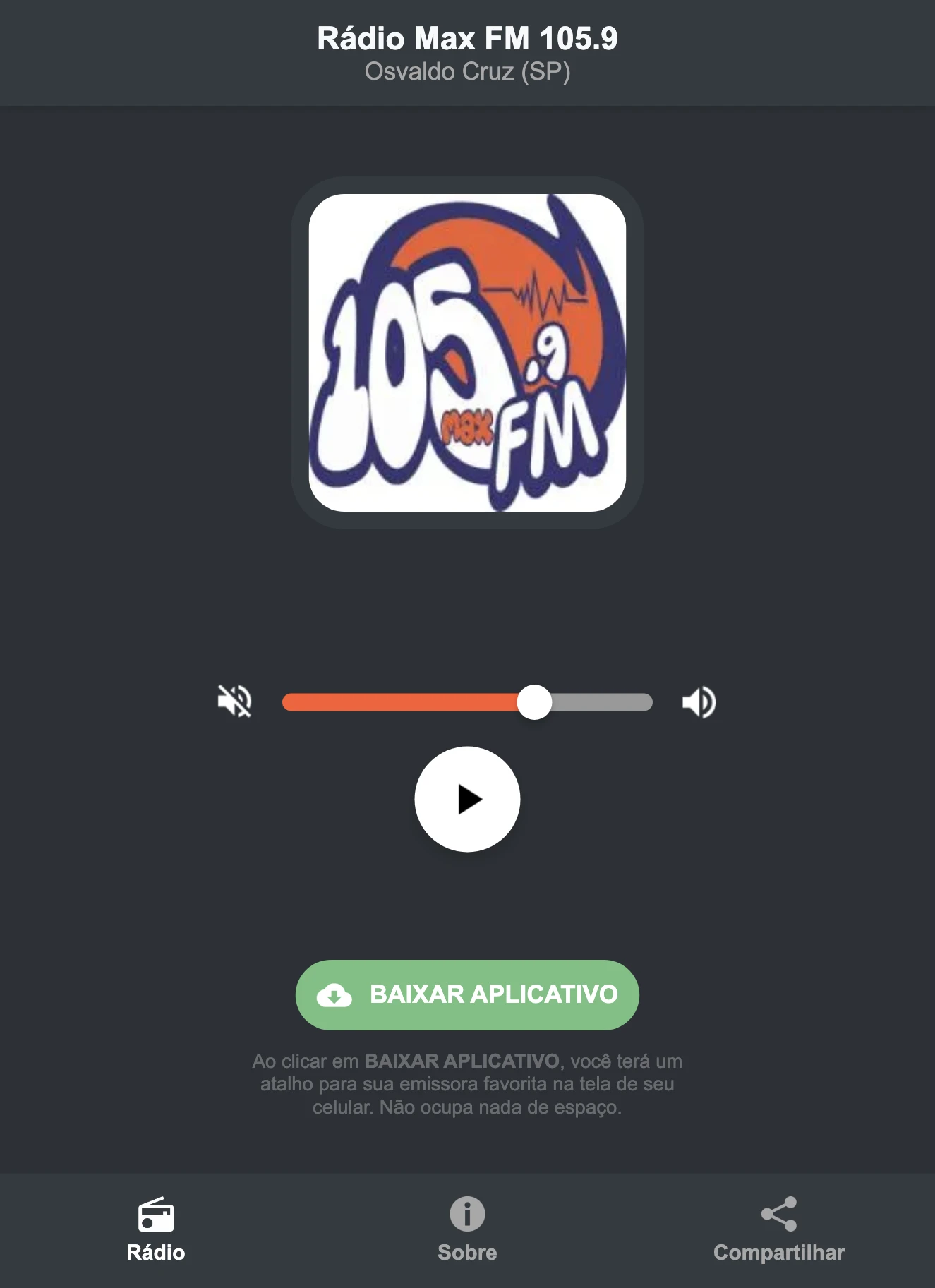 Screenshot do aplicativo da Rádio Max FM 105.9