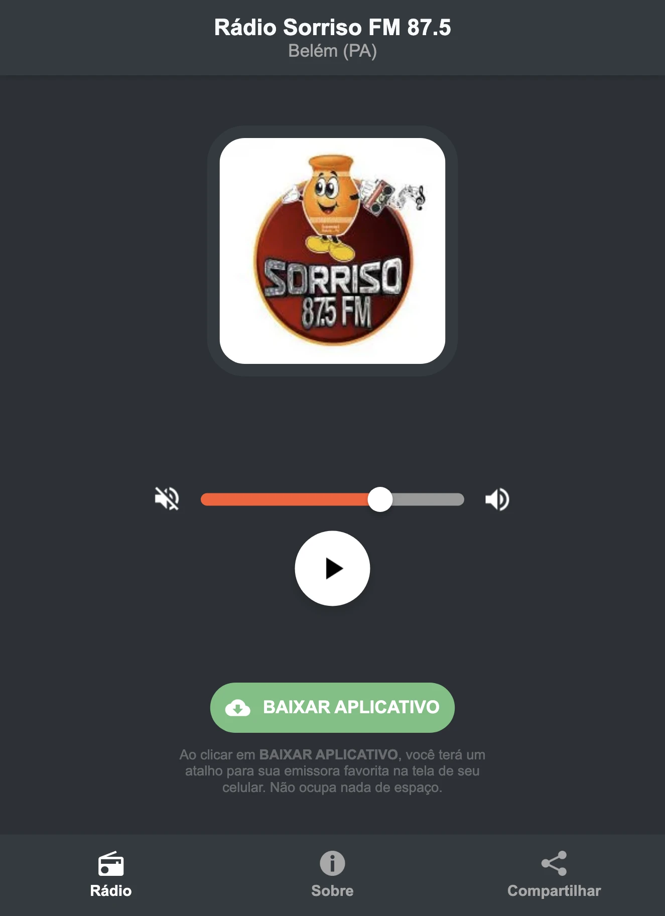 Screenshot do aplicativo da Rádio Sorriso FM 87.5