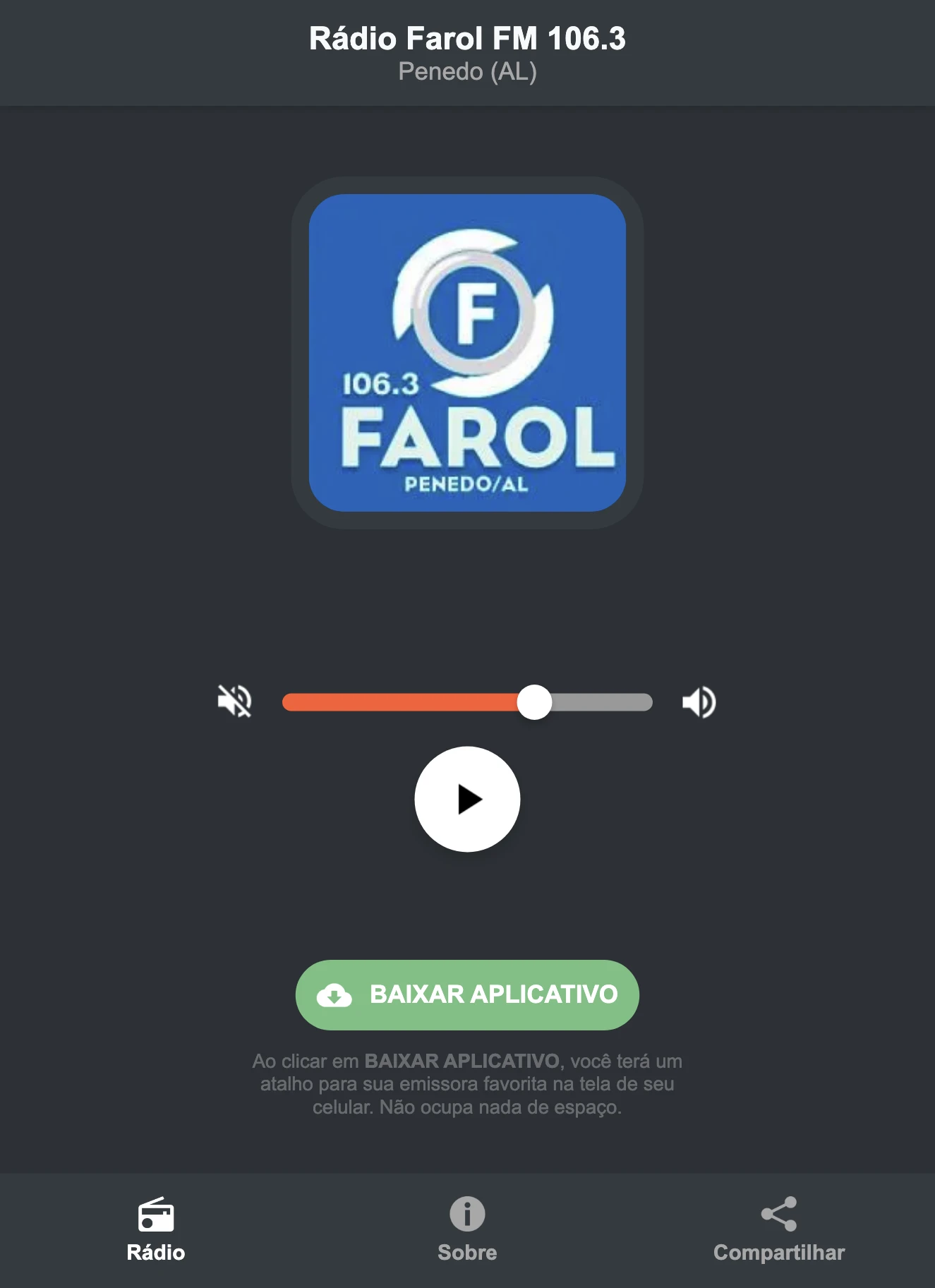 Screenshot do aplicativo da Rádio Farol FM 106.3