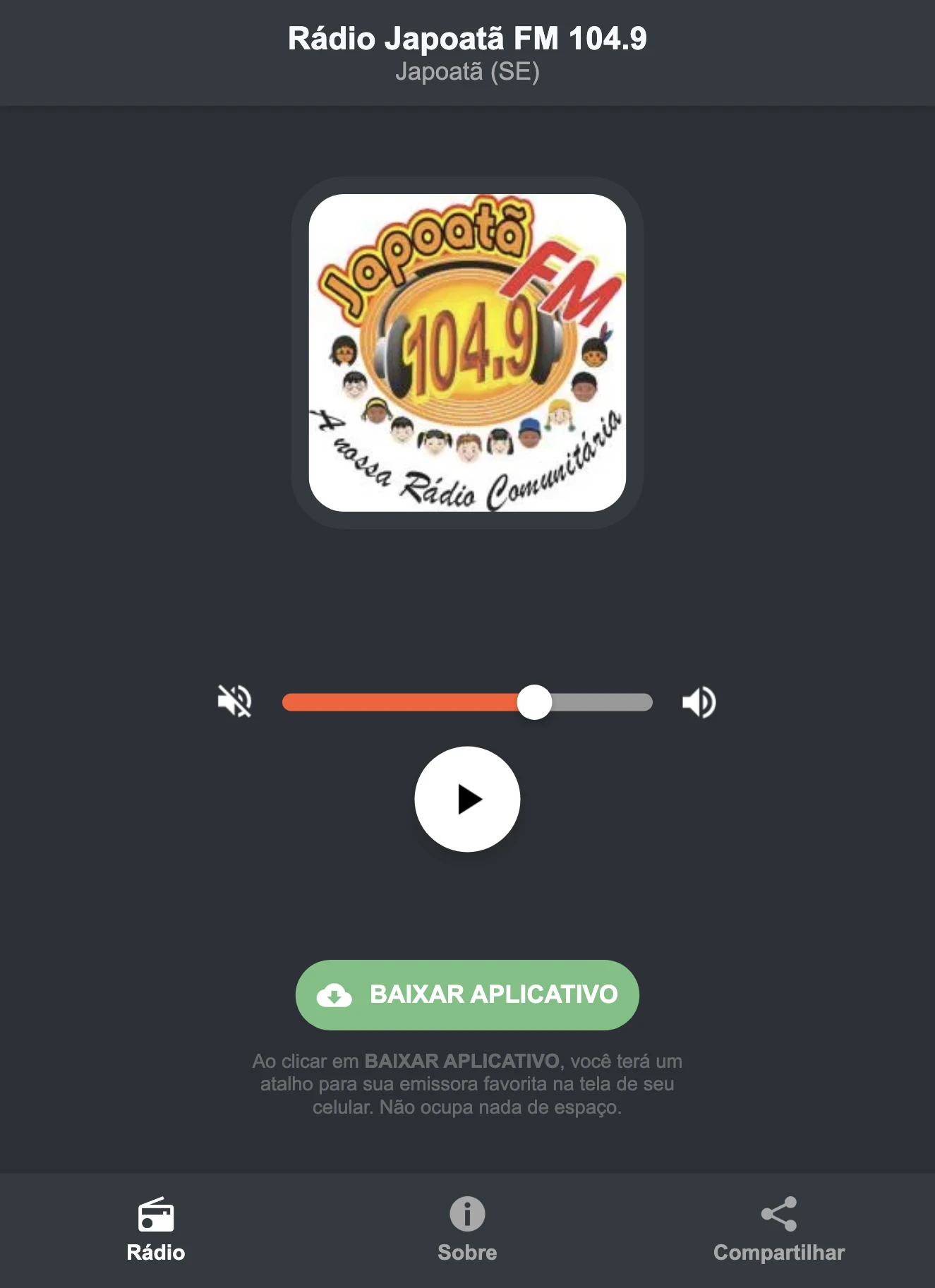 Screenshot do aplicativo da Rádio Japoatã FM 104.9