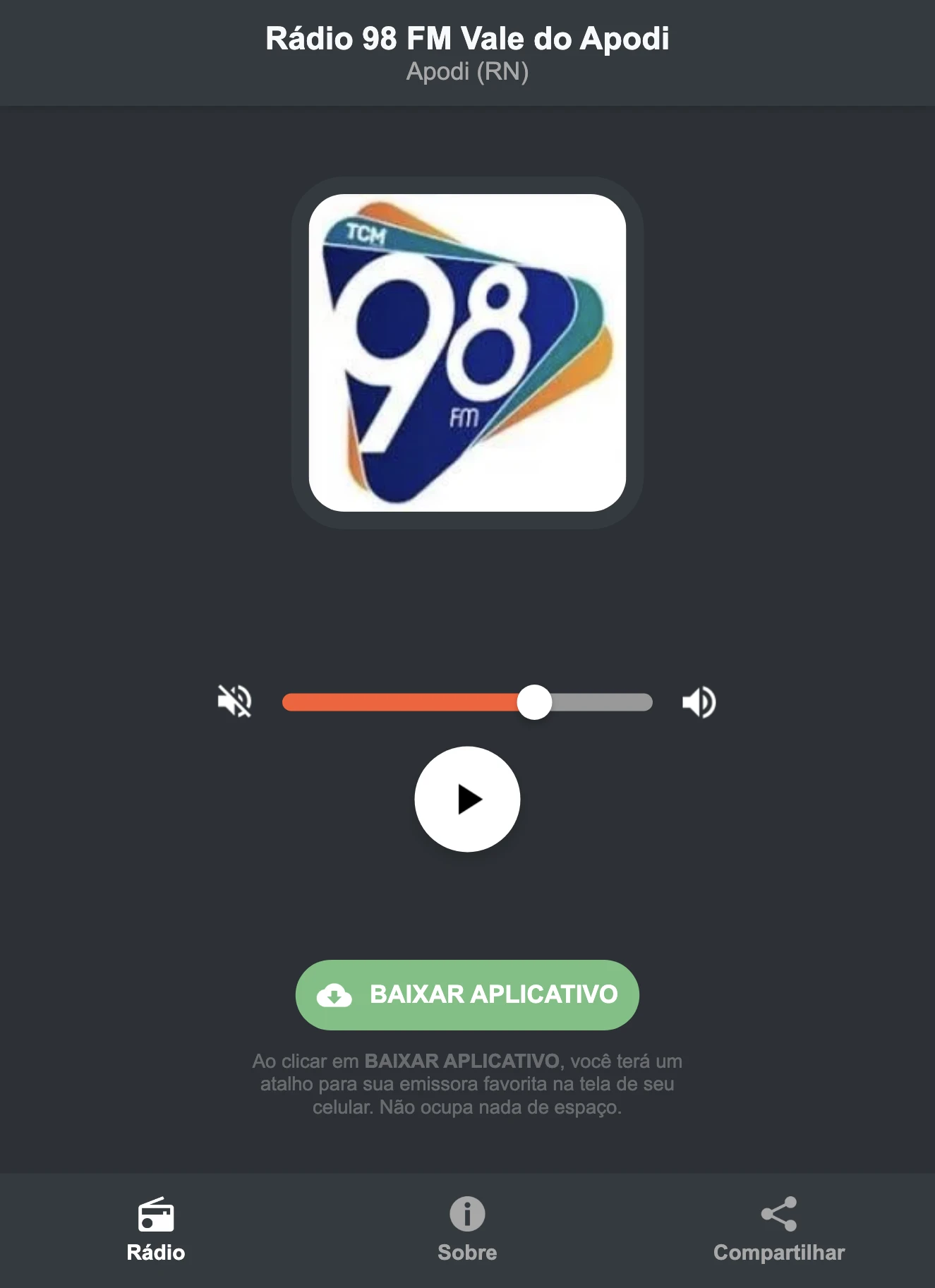 Screenshot do aplicativo da Rádio 98 FM Vale do Apodi