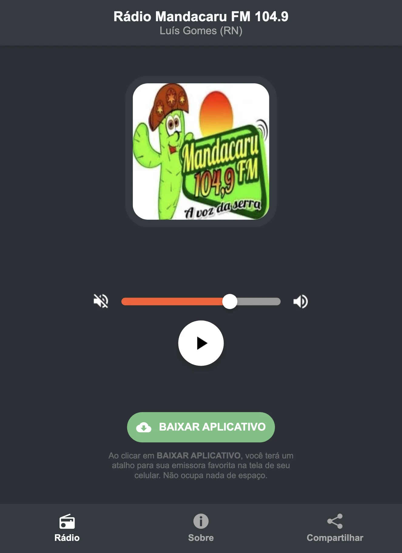 Screenshot do aplicativo da Rádio Mandacaru FM 104.9
