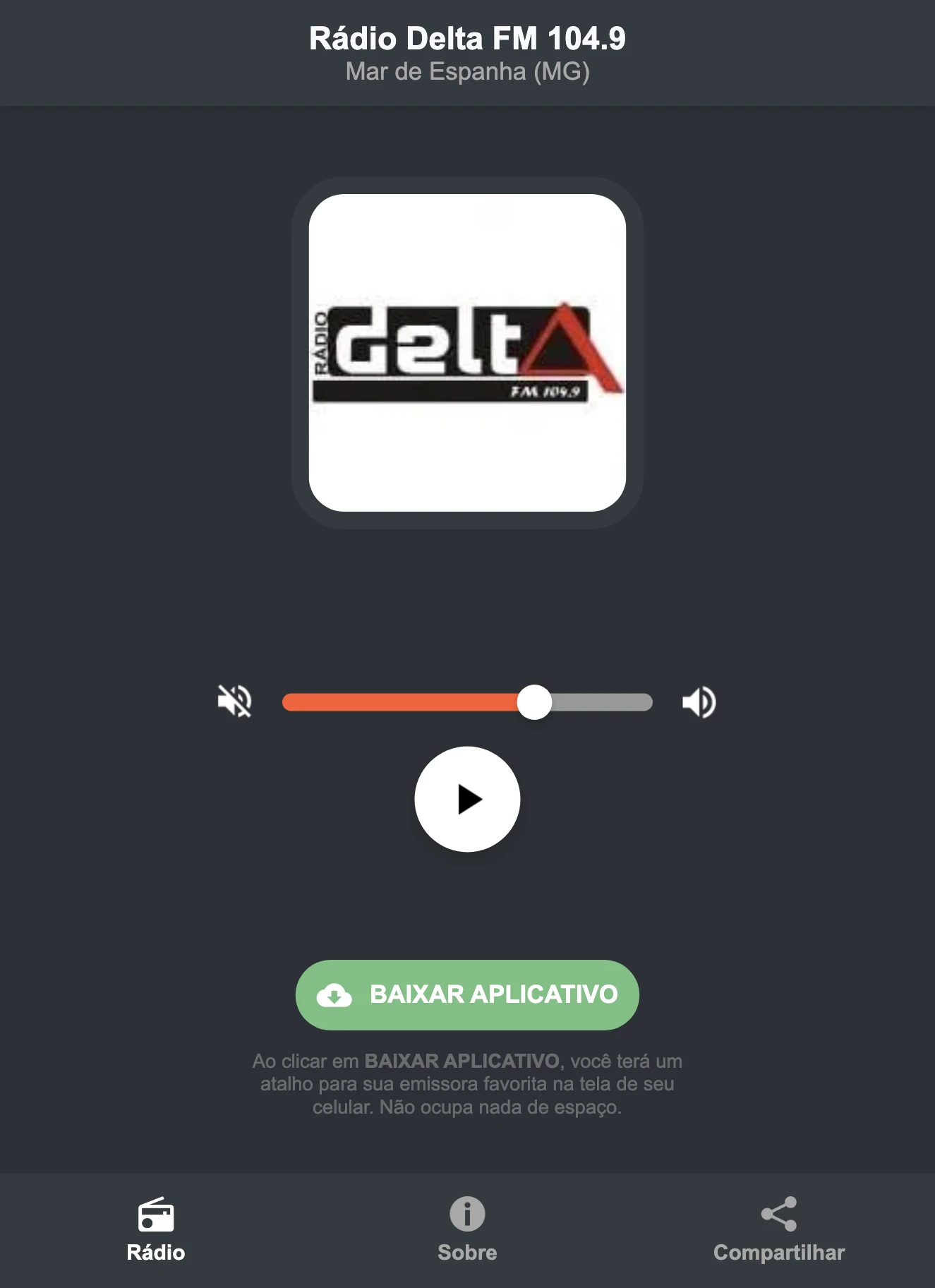 Screenshot do aplicativo da Rádio Delta FM 104.9