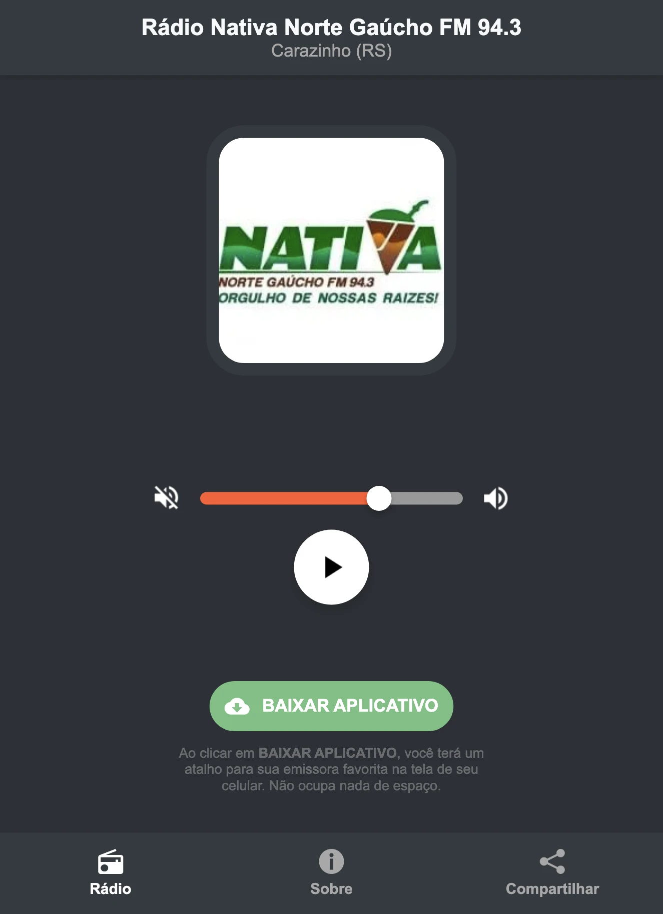Screenshot do aplicativo da Rádio Nativa Norte Gaúcho FM 94.3