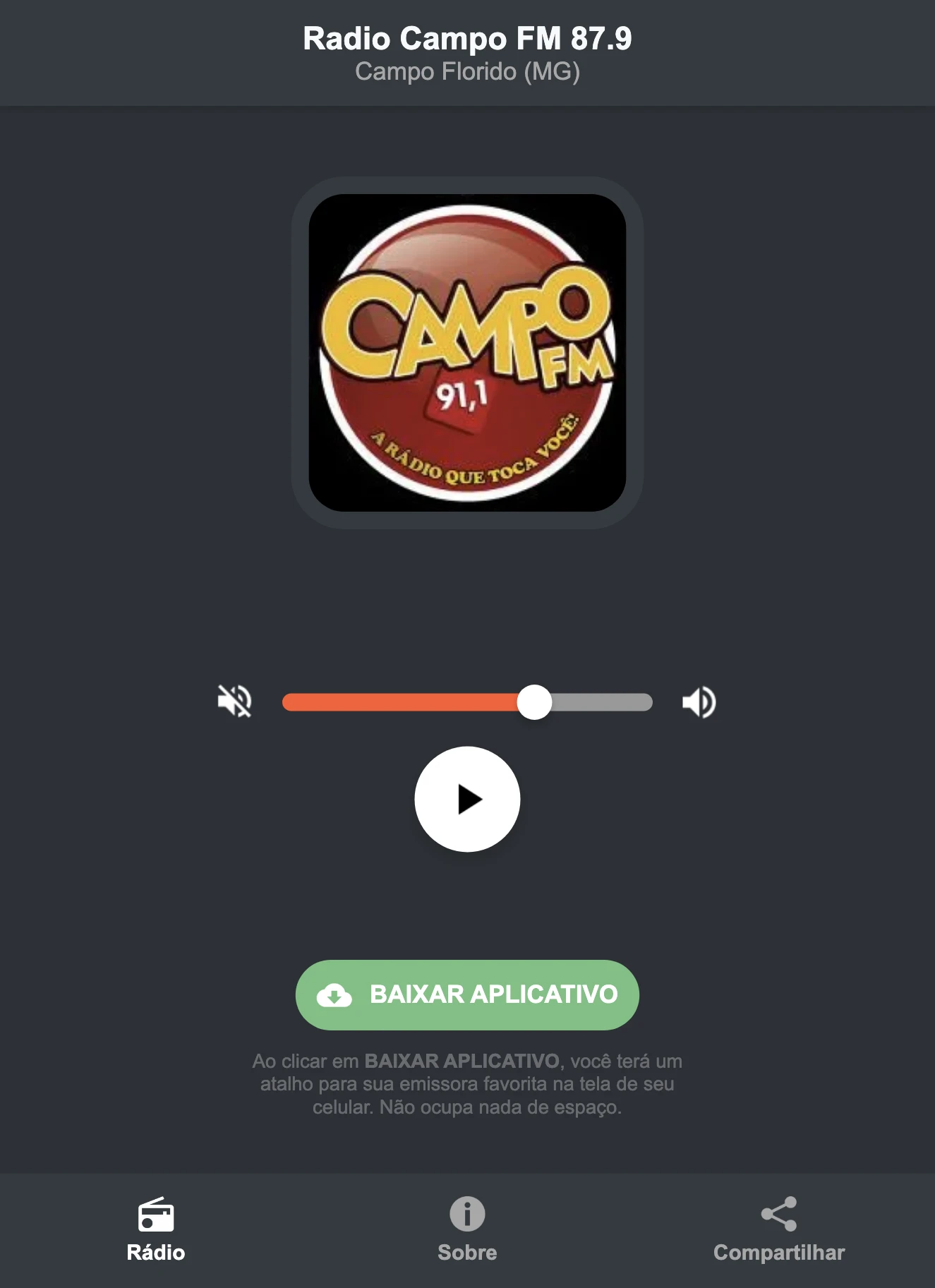Screenshot do aplicativo da Radio Campo FM 87.9