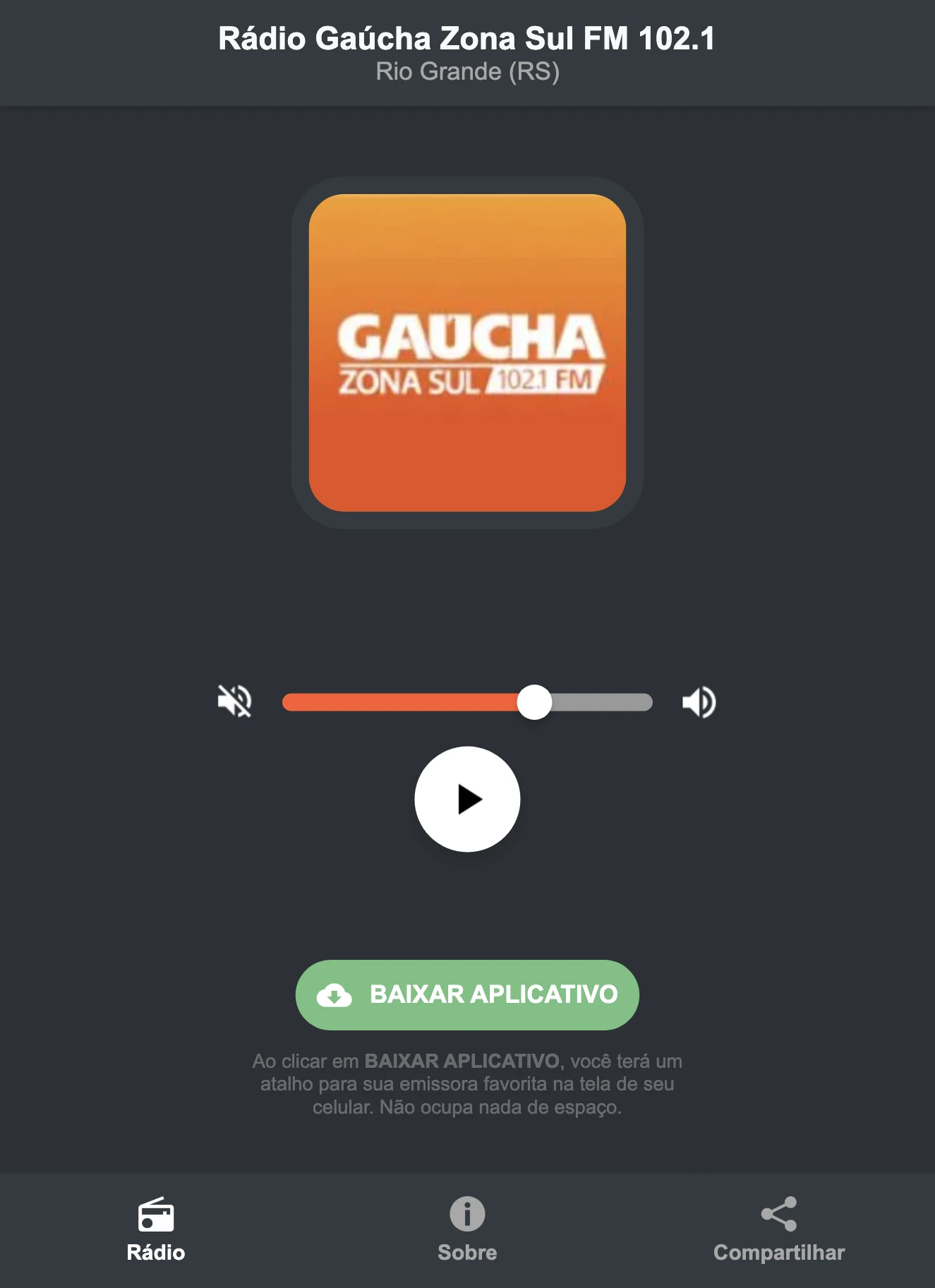 Screenshot do aplicativo da Rádio Gaúcha Zona Sul FM 102.1