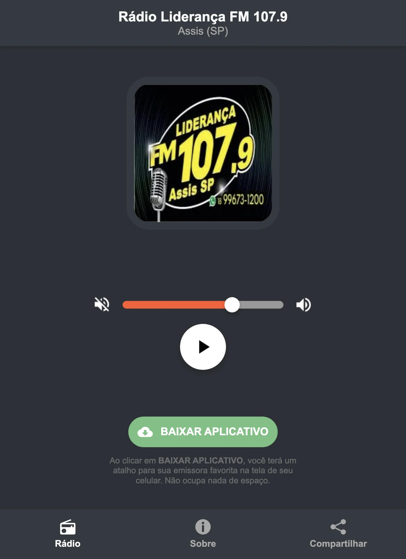 Screenshot do aplicativo da Rádio Liderança FM 107.9