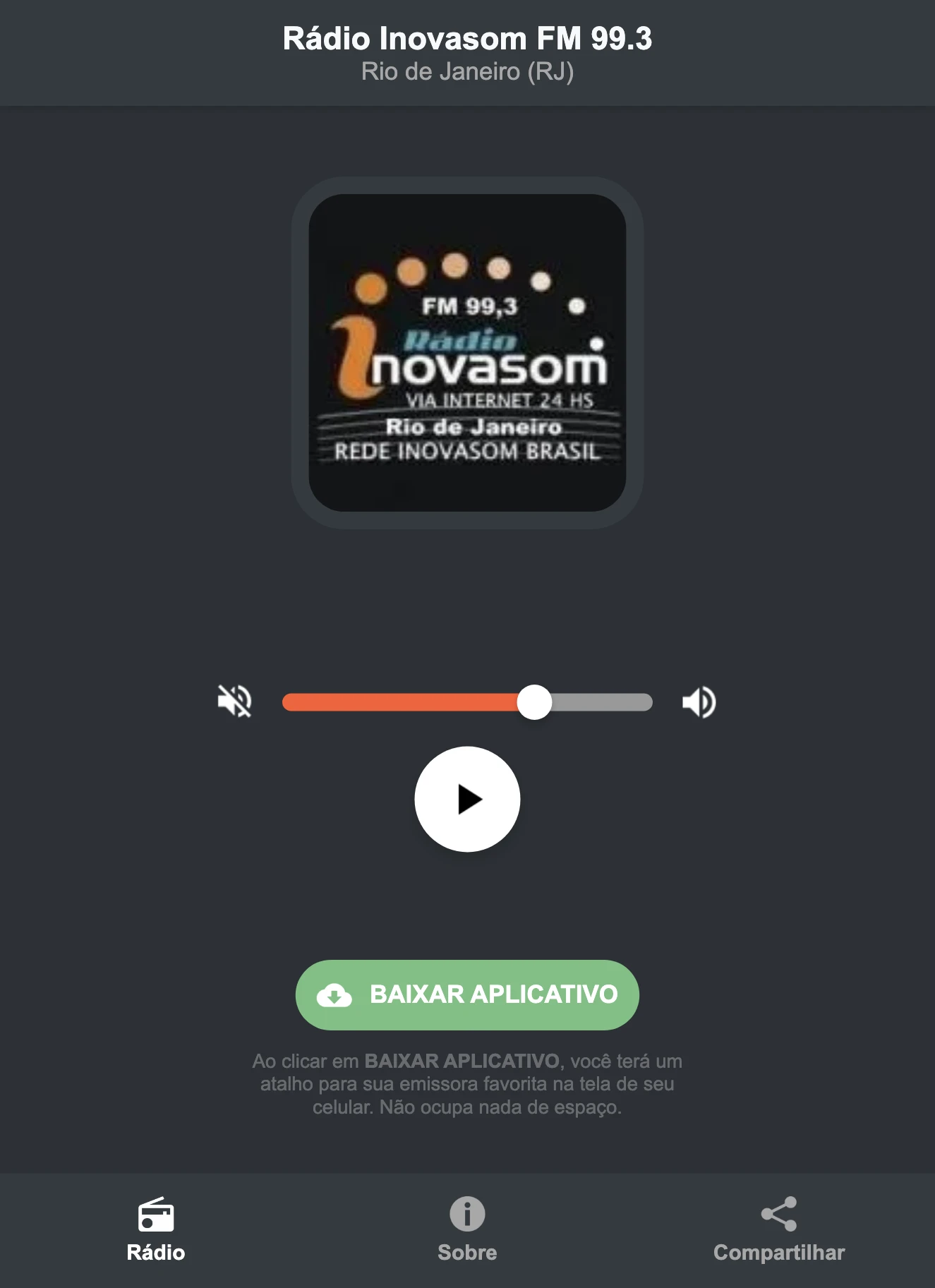Screenshot do aplicativo da Rádio Inovasom FM 99.3