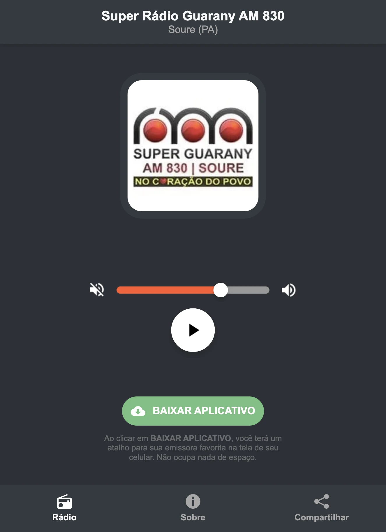 Screenshot do aplicativo da Super Rádio Guarany AM 830
