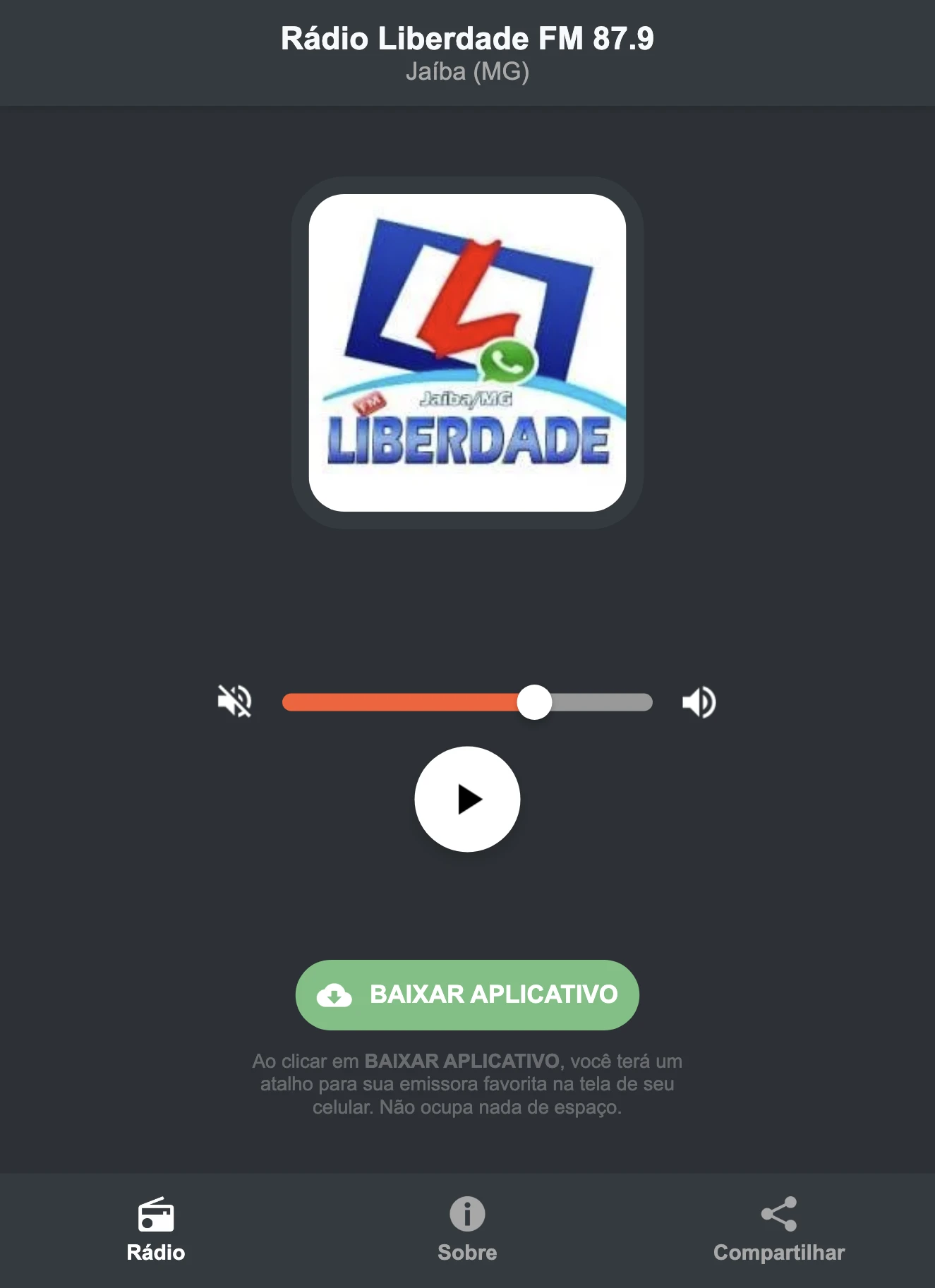 Screenshot do aplicativo da Rádio Liberdade FM 87.9