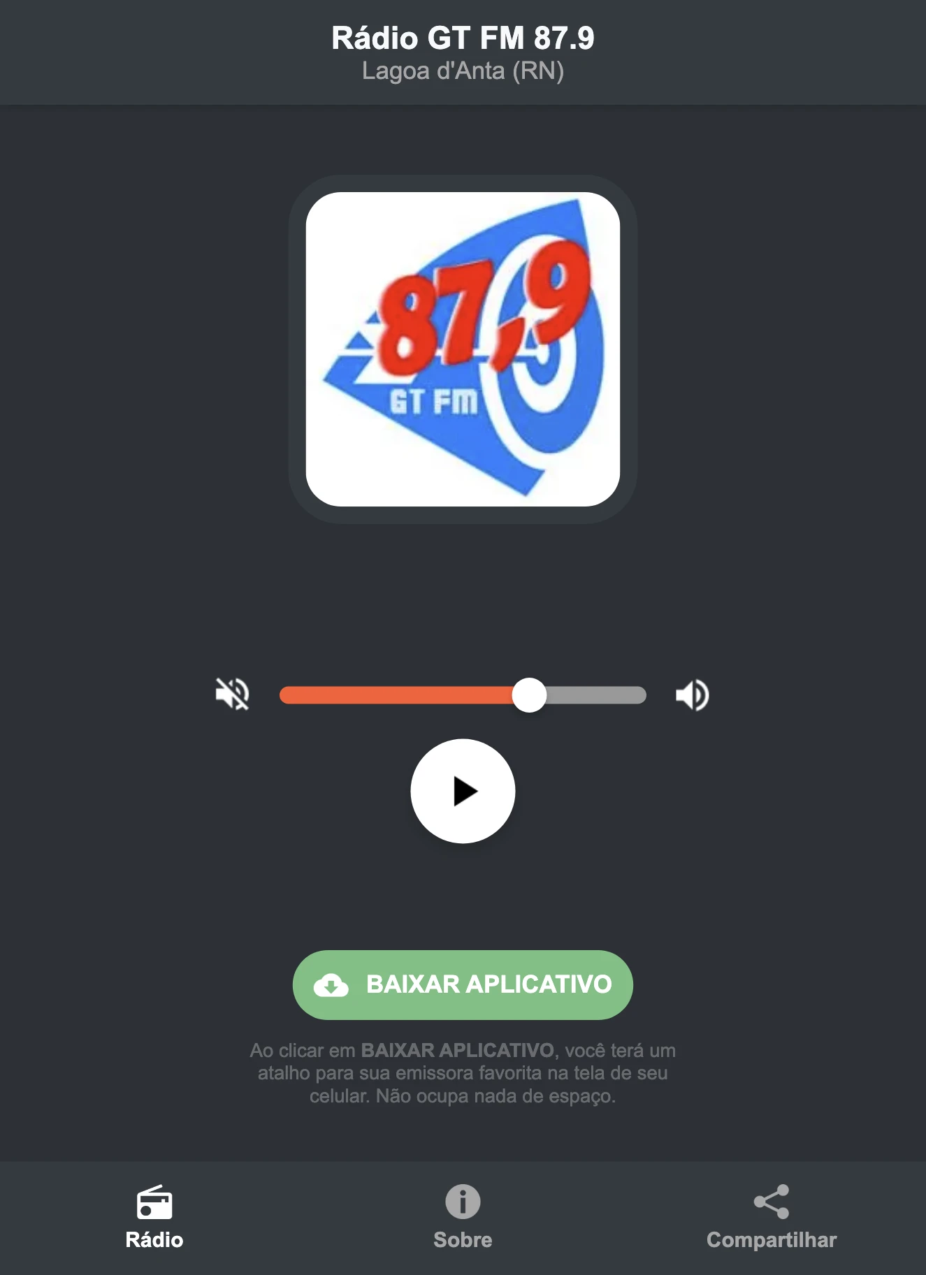 Screenshot do aplicativo da Rádio GT FM 87.9