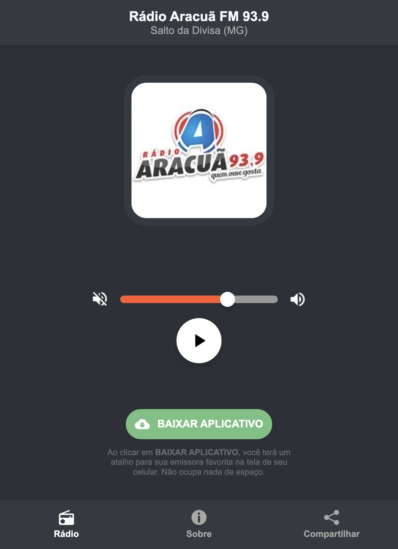 Screenshot do aplicativo da Rádio Aracuã FM 93.9
