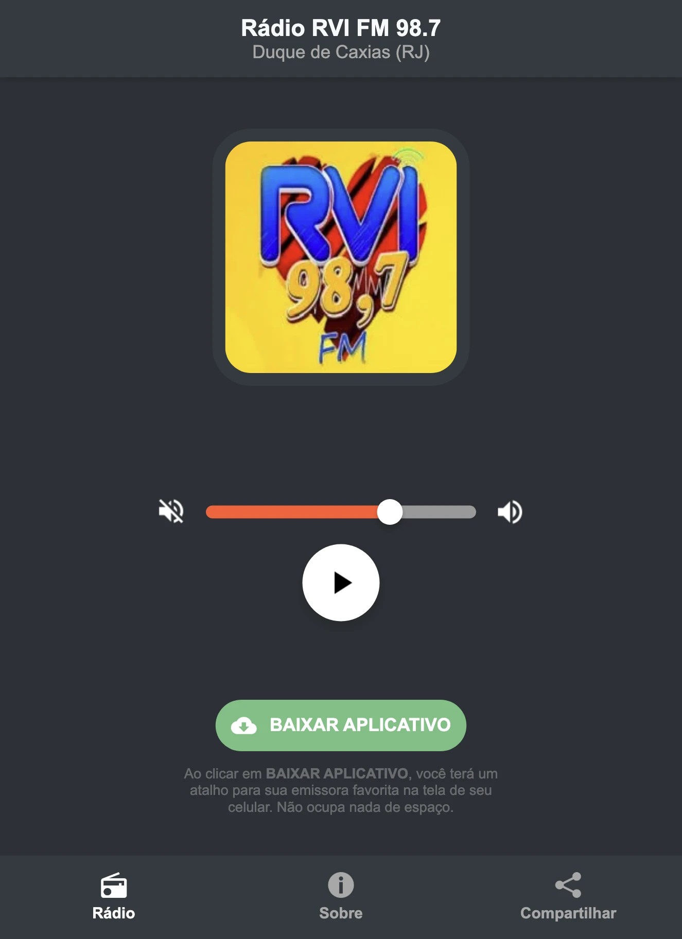 Screenshot do aplicativo da Rádio RVI FM 98.7