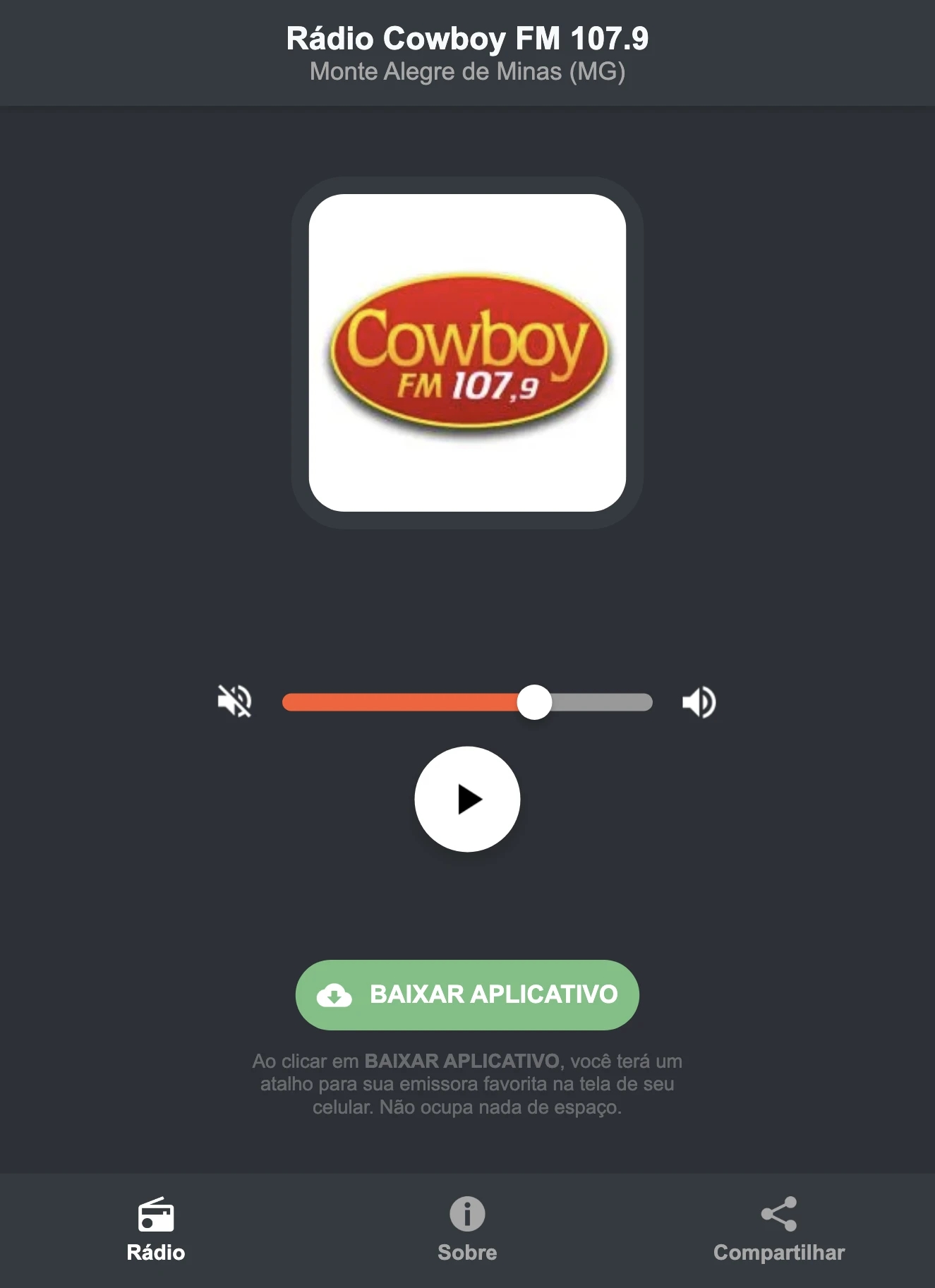 Screenshot do aplicativo da Rádio Cowboy FM 107.9