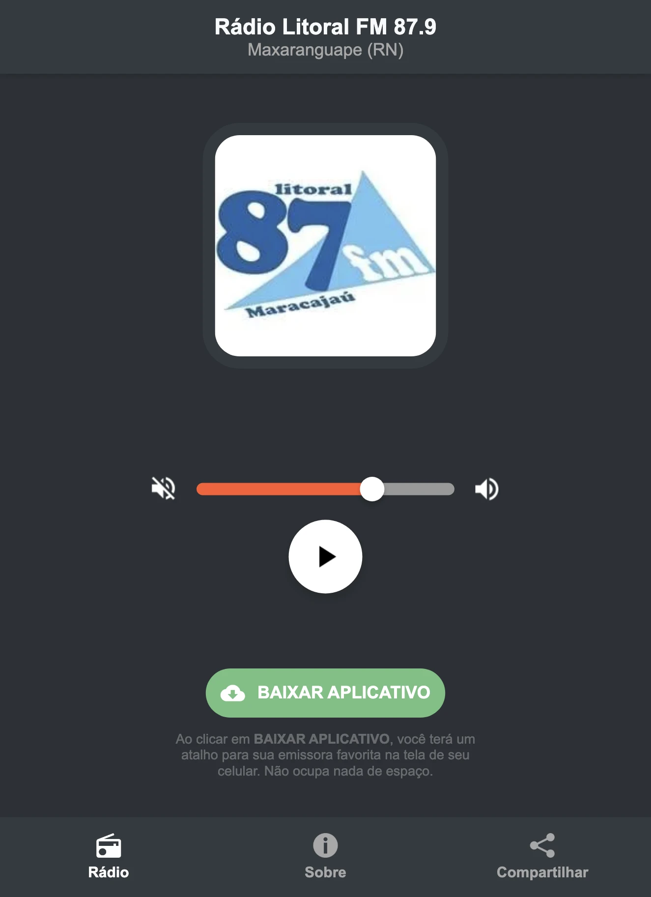 Screenshot do aplicativo da Rádio Litoral FM 87.9