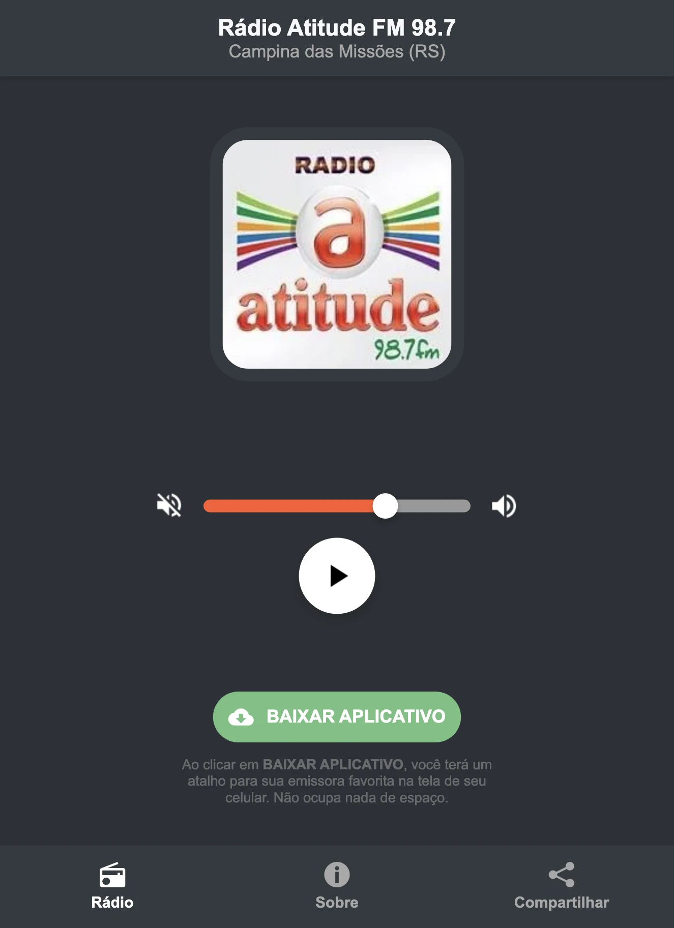 Screenshot do aplicativo da Rádio Atitude FM 98.7