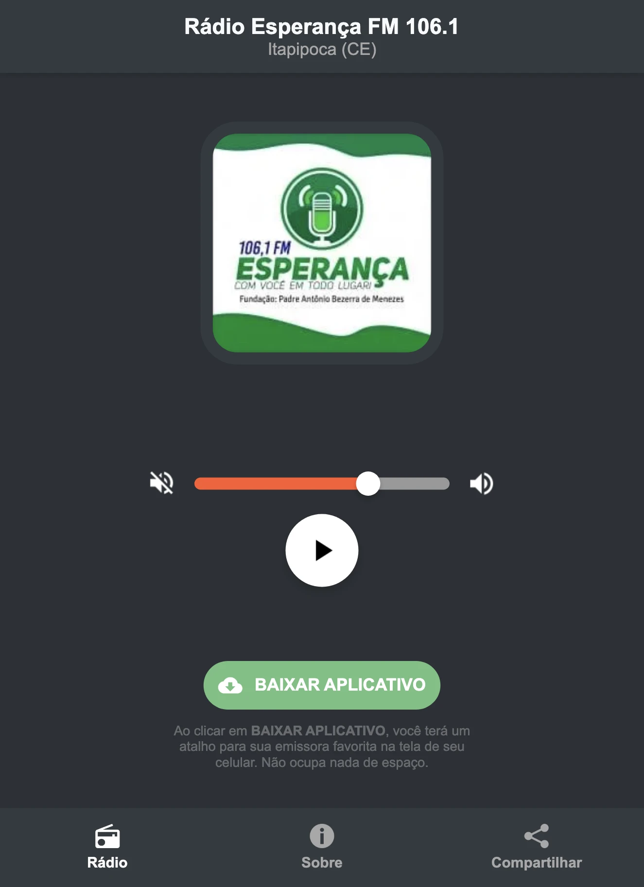 Screenshot do aplicativo da Rádio Esperança FM 106.1