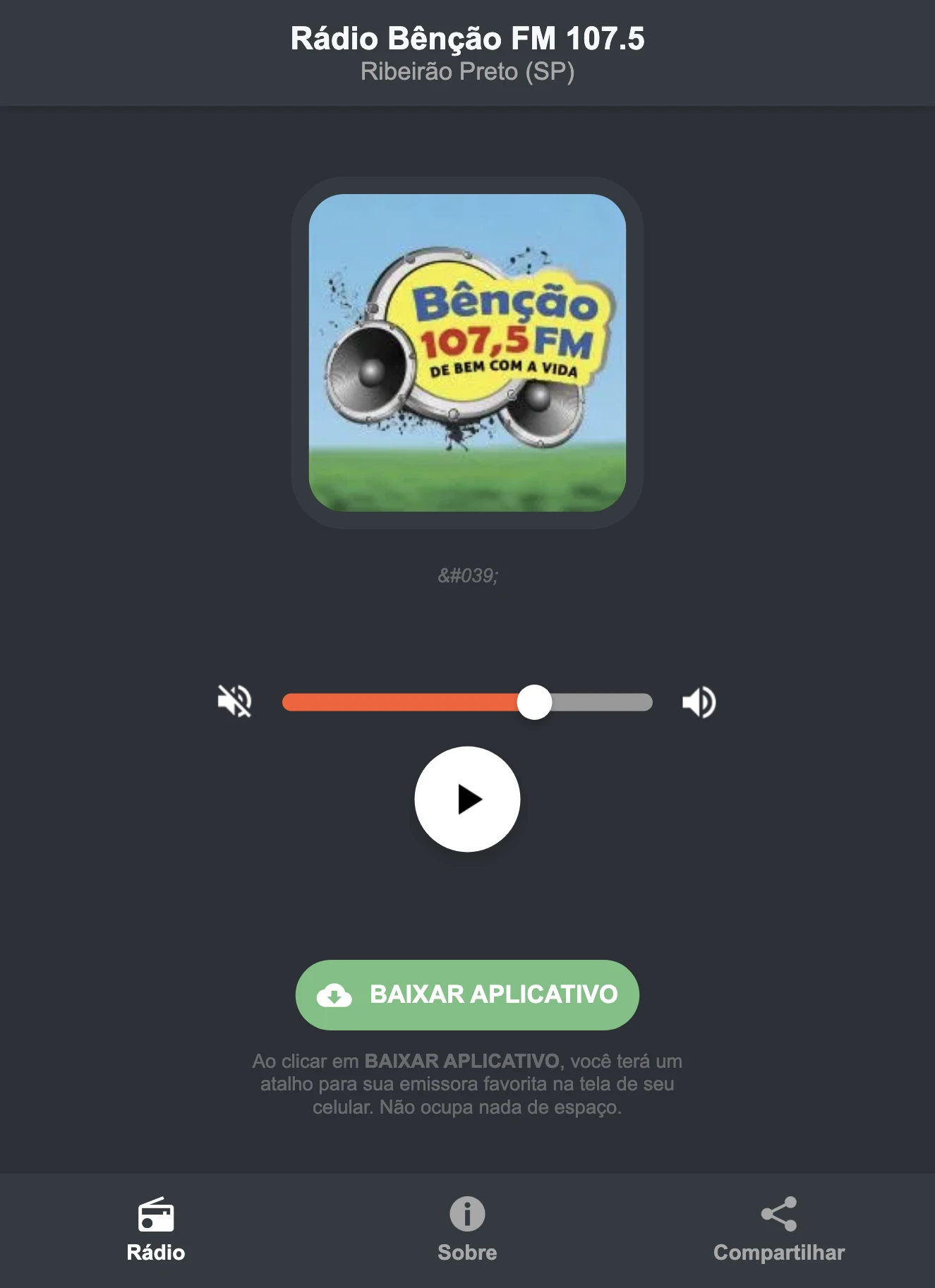 Screenshot do aplicativo da Rádio Bênção FM 107.5