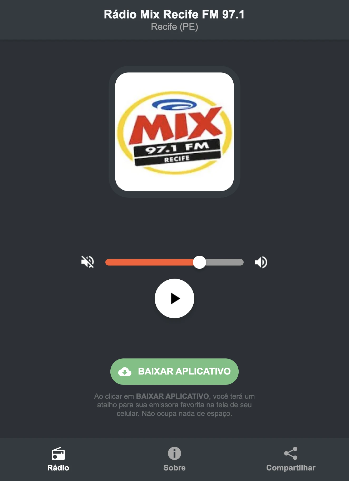 Screenshot do aplicativo da Rádio Mix Recife FM 97.1