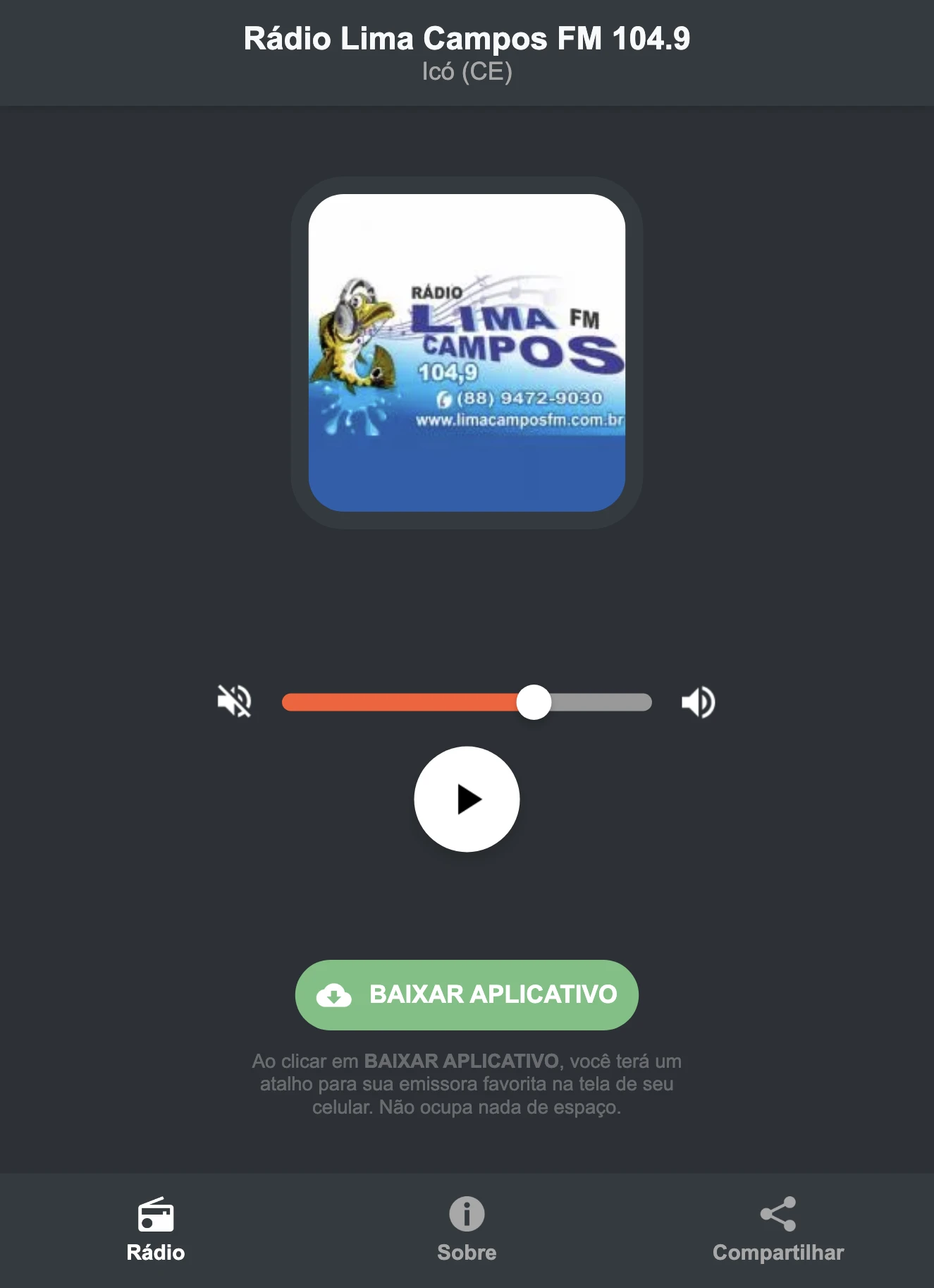 Screenshot do aplicativo da Rádio Lima Campos FM 104.9
