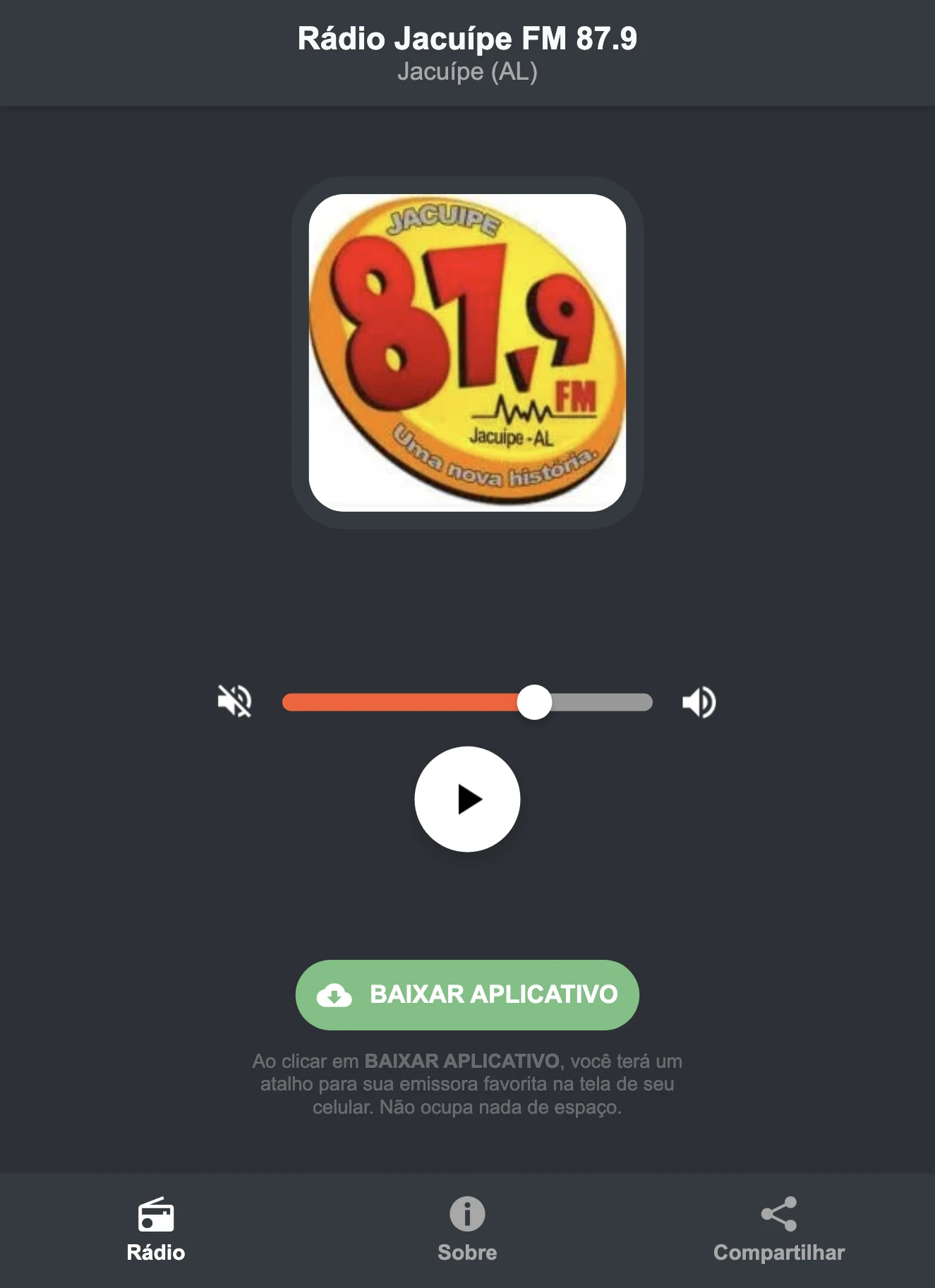 Screenshot do aplicativo da Rádio Jacuípe FM 87.9