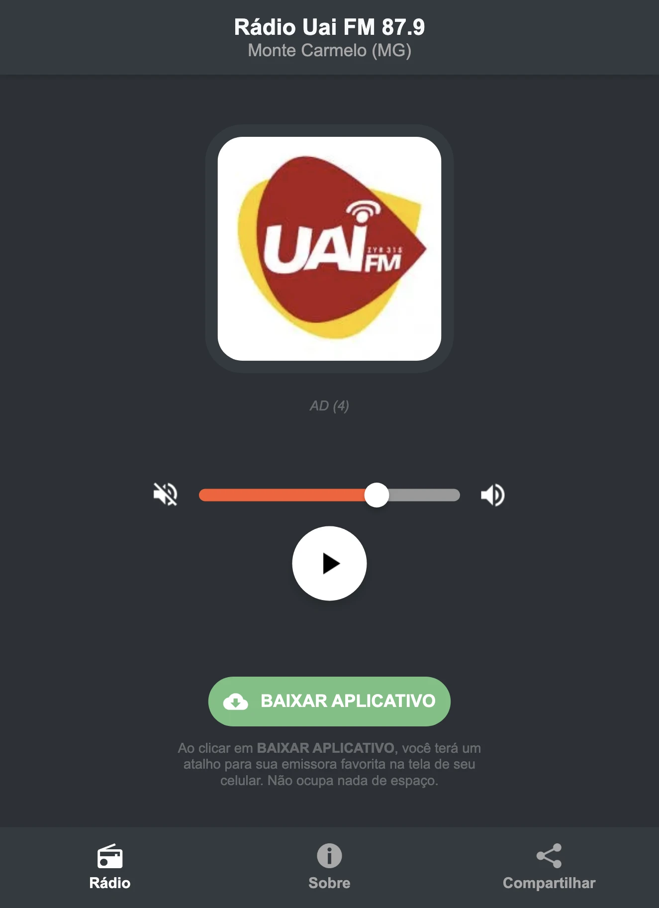 Screenshot do aplicativo da Rádio Uai FM 87.9