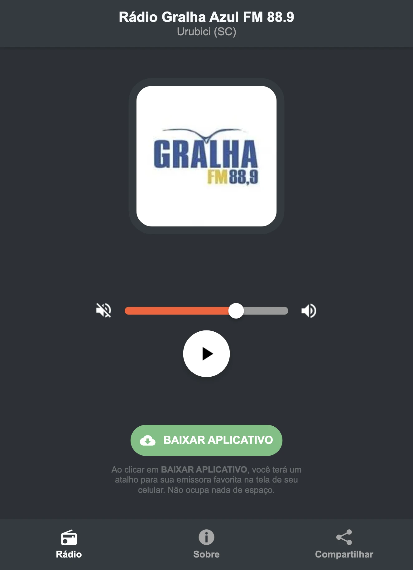 Screenshot do aplicativo da Rádio Gralha Azul FM 88.9