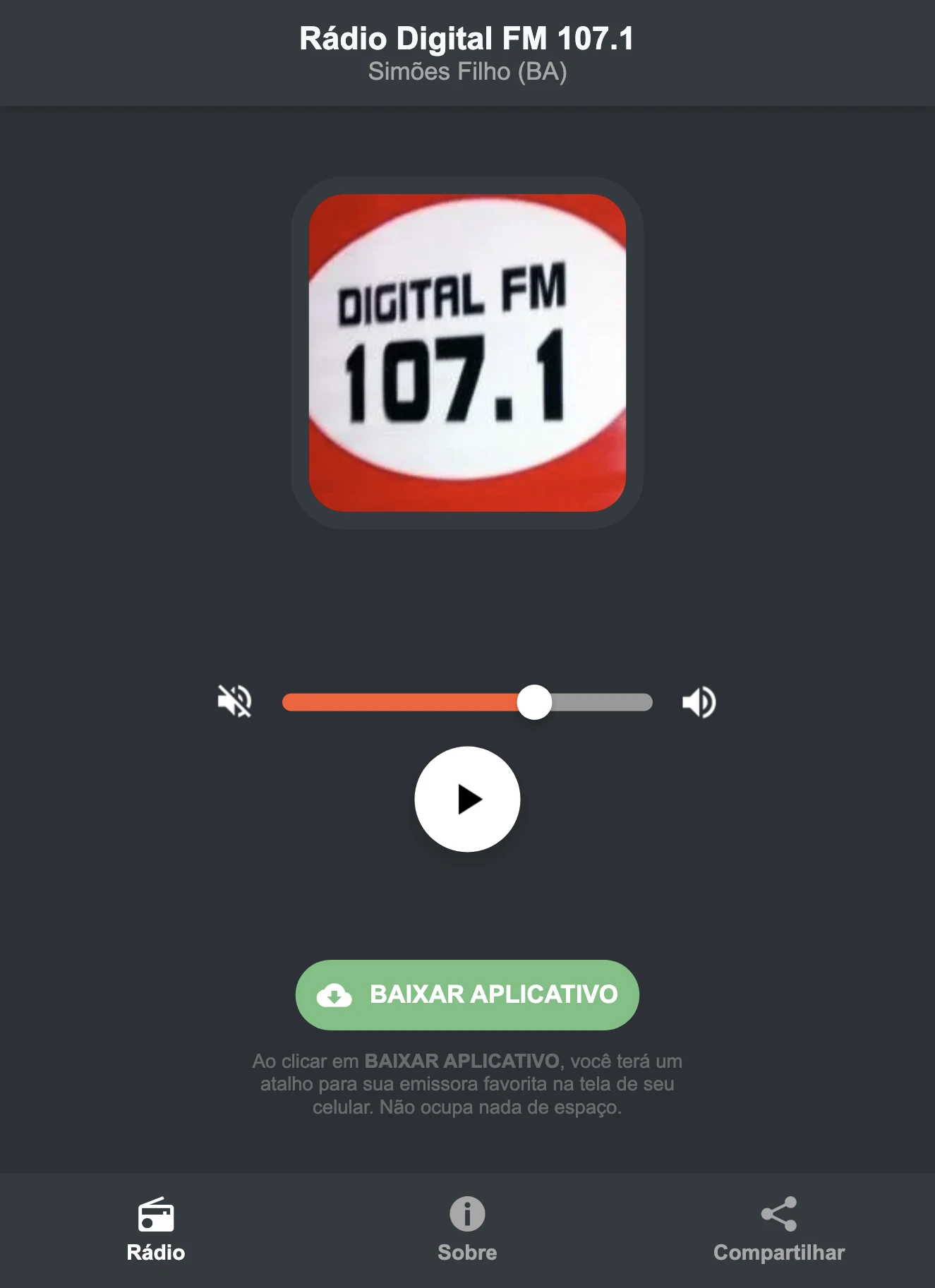 Screenshot do aplicativo da Rádio Digital FM 107.1