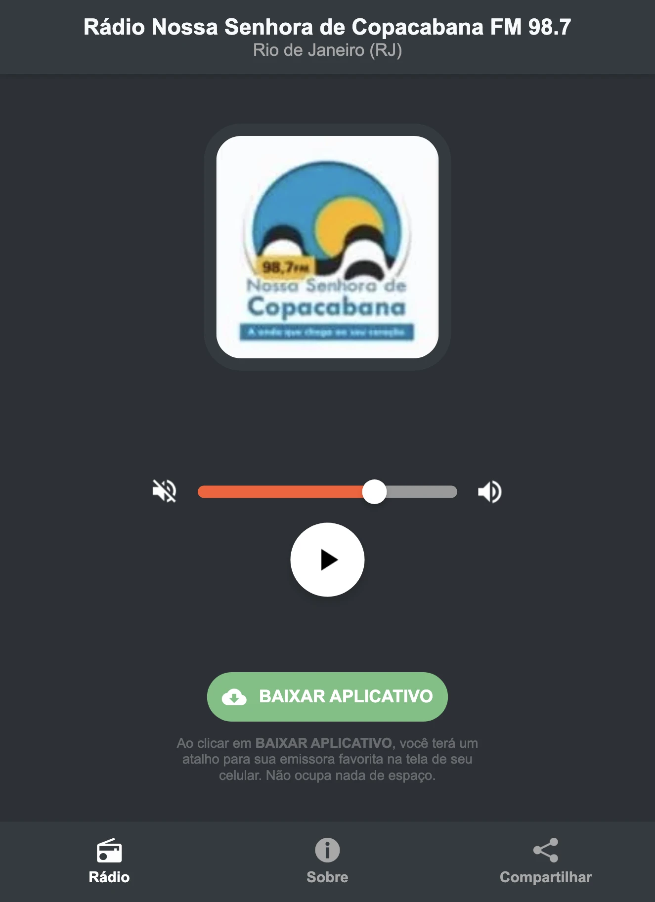 Screenshot do aplicativo da Rádio Nossa Senhora de Copacabana FM 98.7