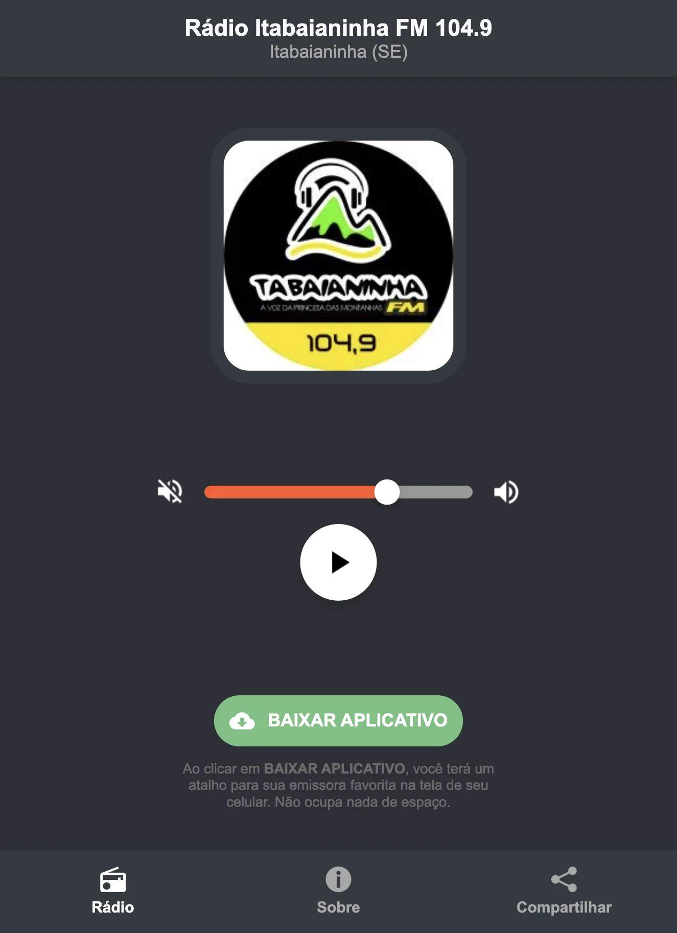 Screenshot do aplicativo da Rádio Itabaianinha FM 104.9