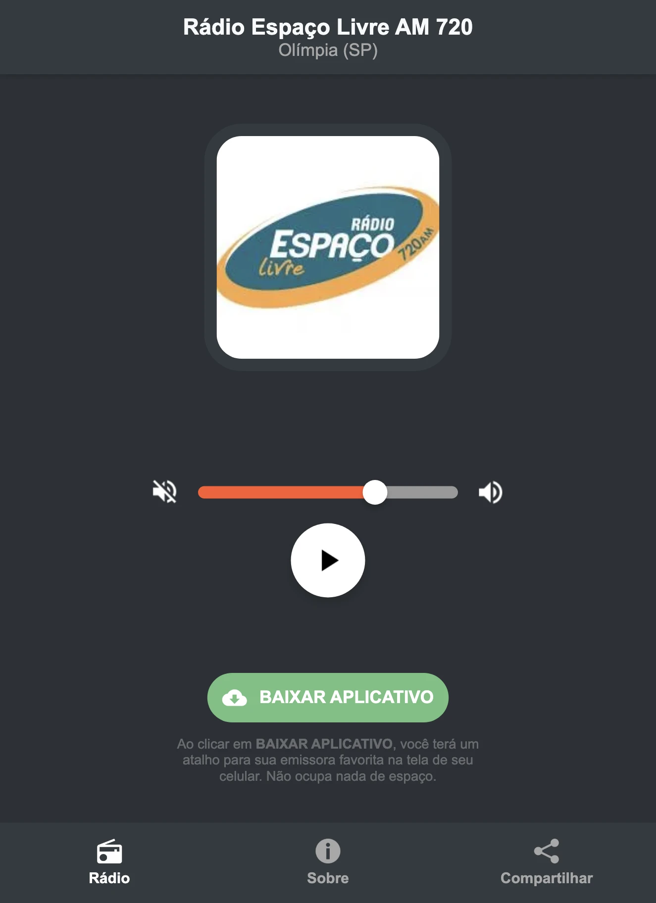 Screenshot do aplicativo da Rádio Espaço Livre AM 720