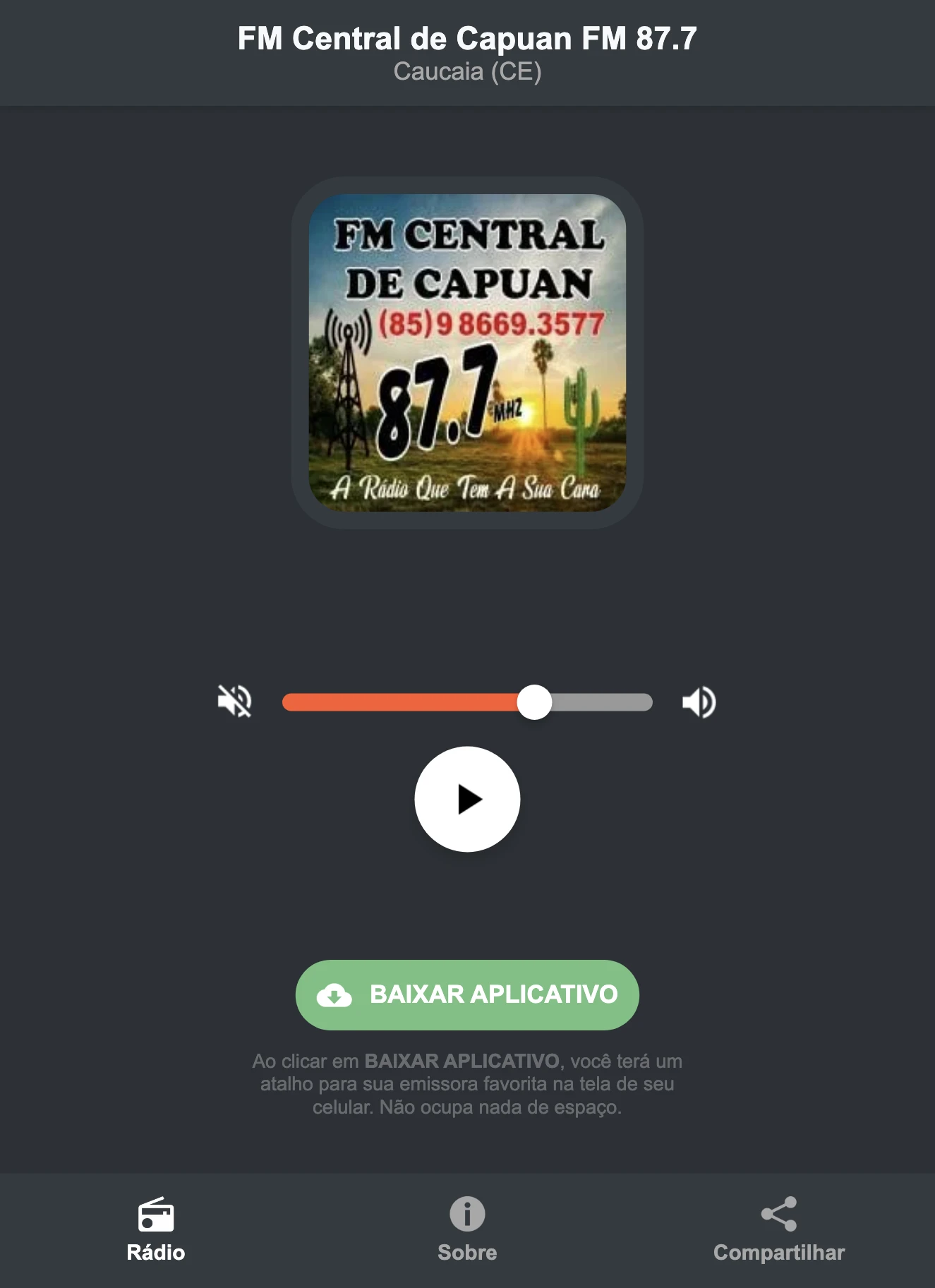 Screenshot do aplicativo da FM Central de Capuan FM 87.7