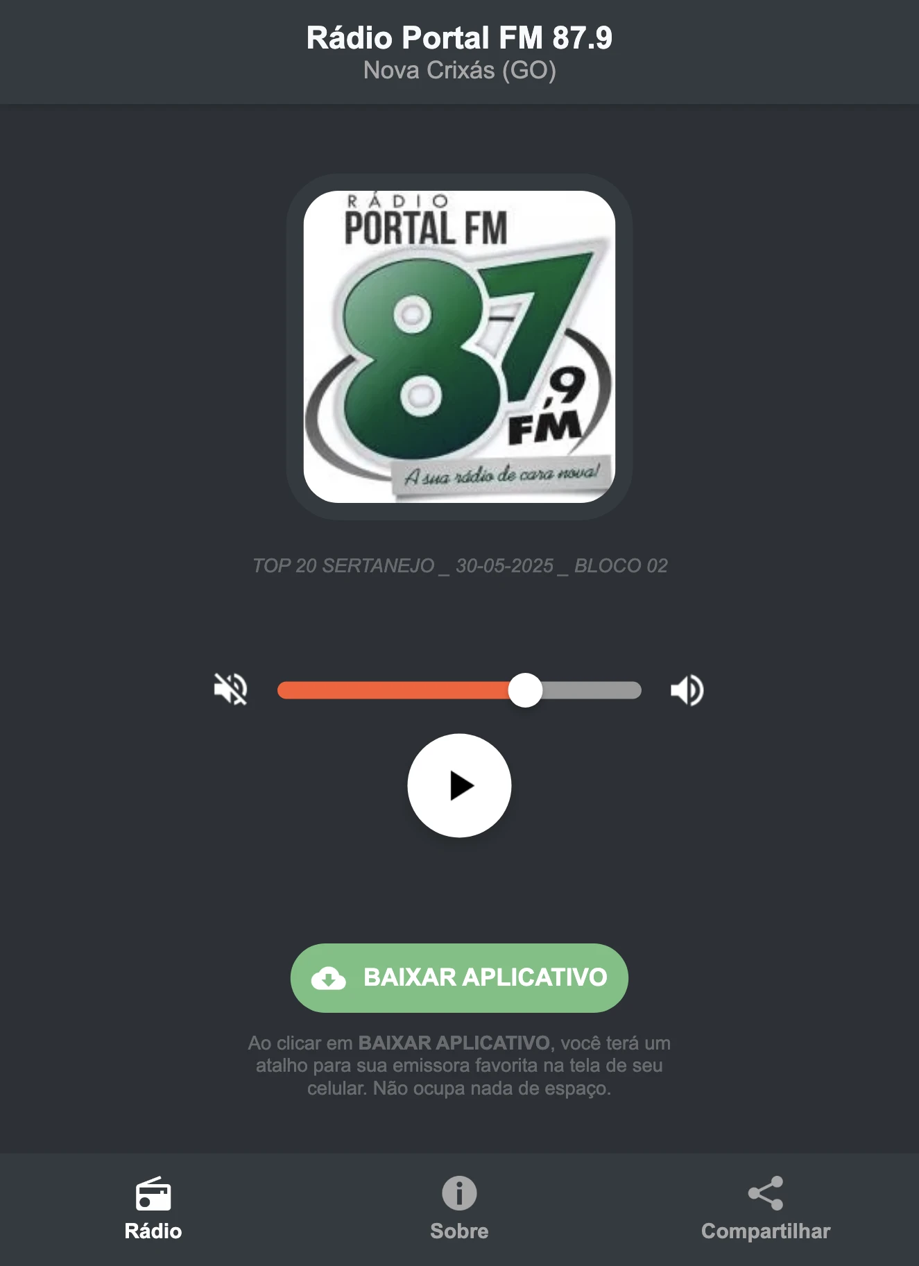 Screenshot do aplicativo da Rádio Portal FM 87.9