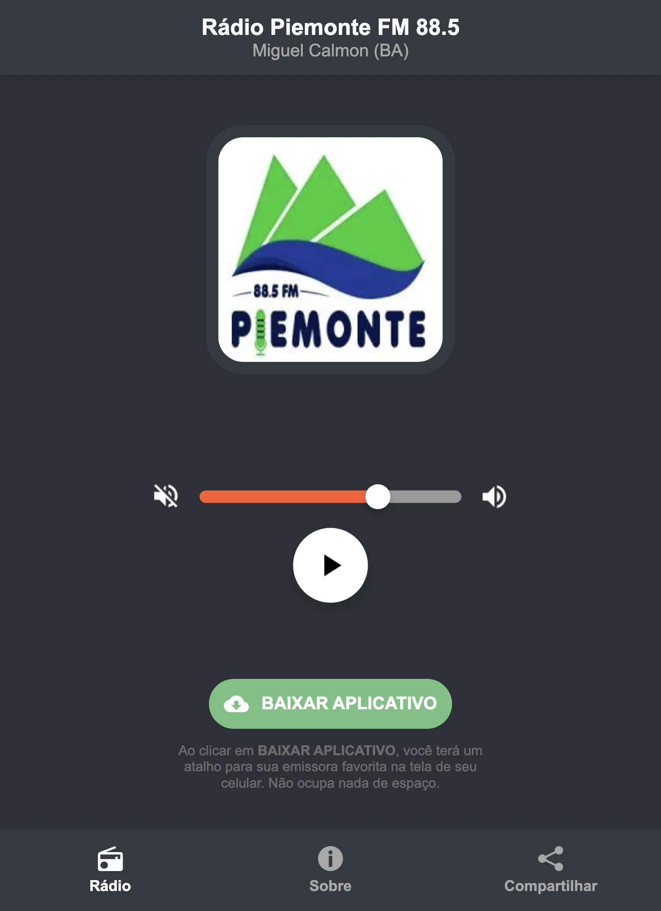 Screenshot do aplicativo da Rádio Piemonte FM 88.5
