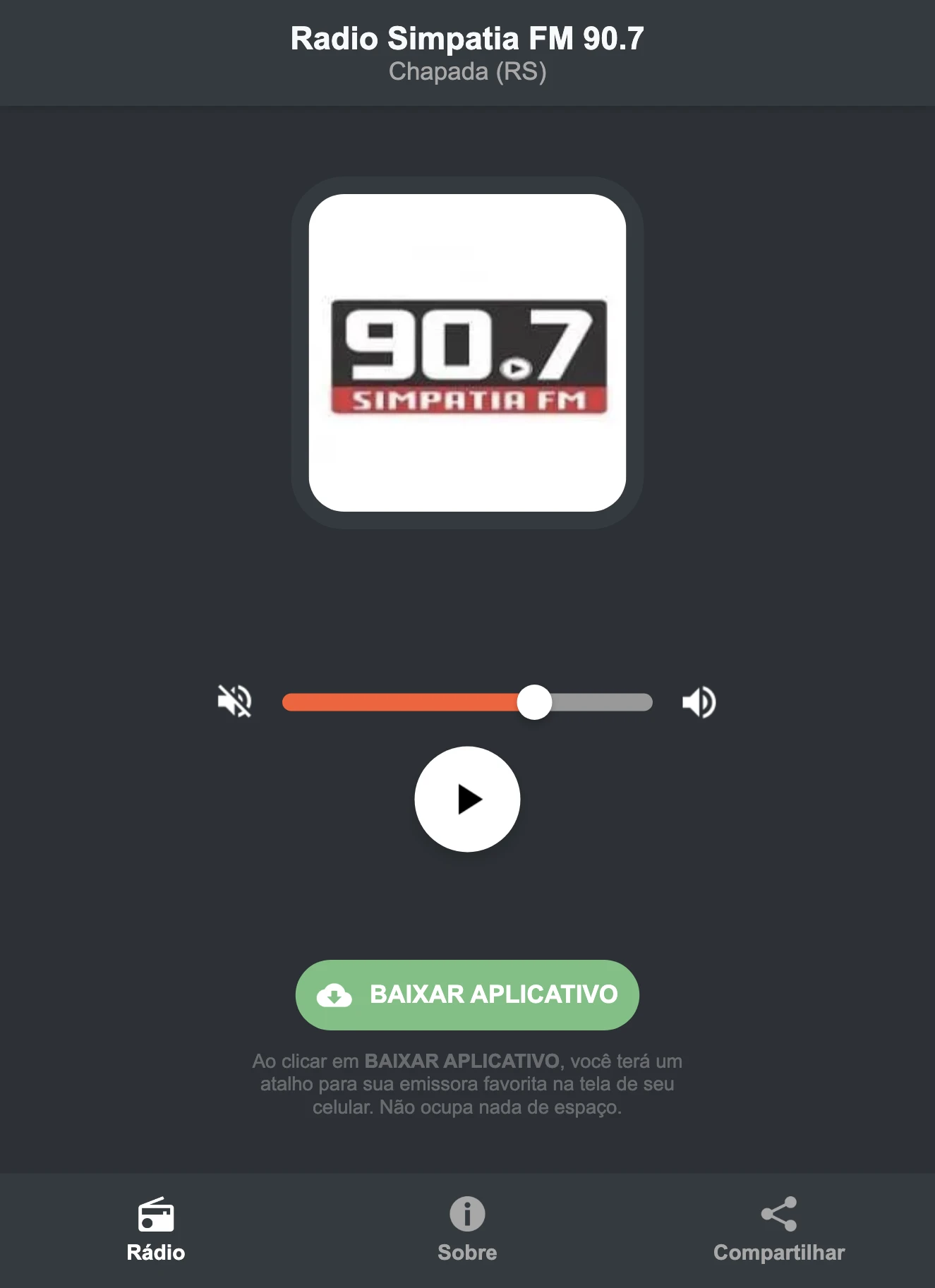Screenshot do aplicativo da Radio Simpatia FM 90.7