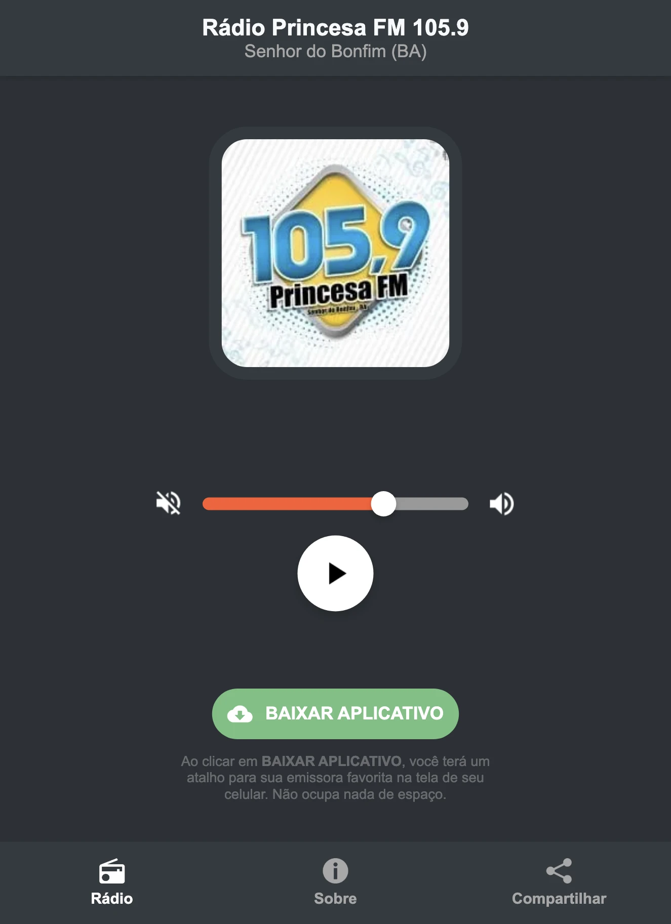 Screenshot do aplicativo da Rádio Princesa FM 105.9