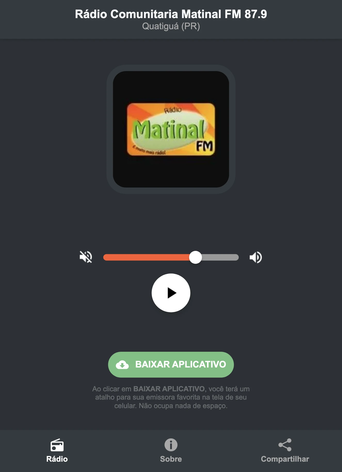 Screenshot do aplicativo da Rádio Comunitaria Matinal FM 87.9