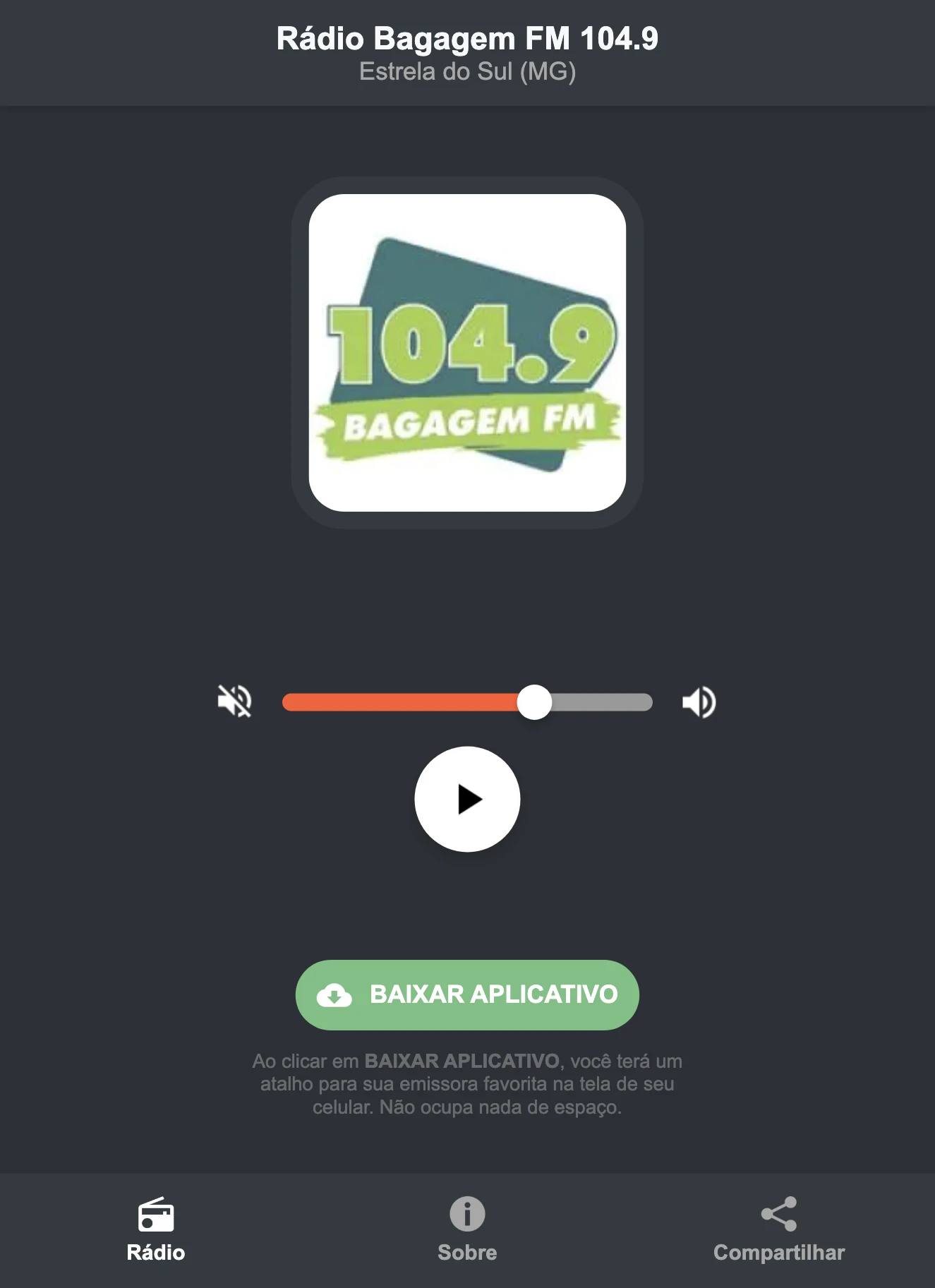 Screenshot do aplicativo da Rádio Bagagem FM 104.9