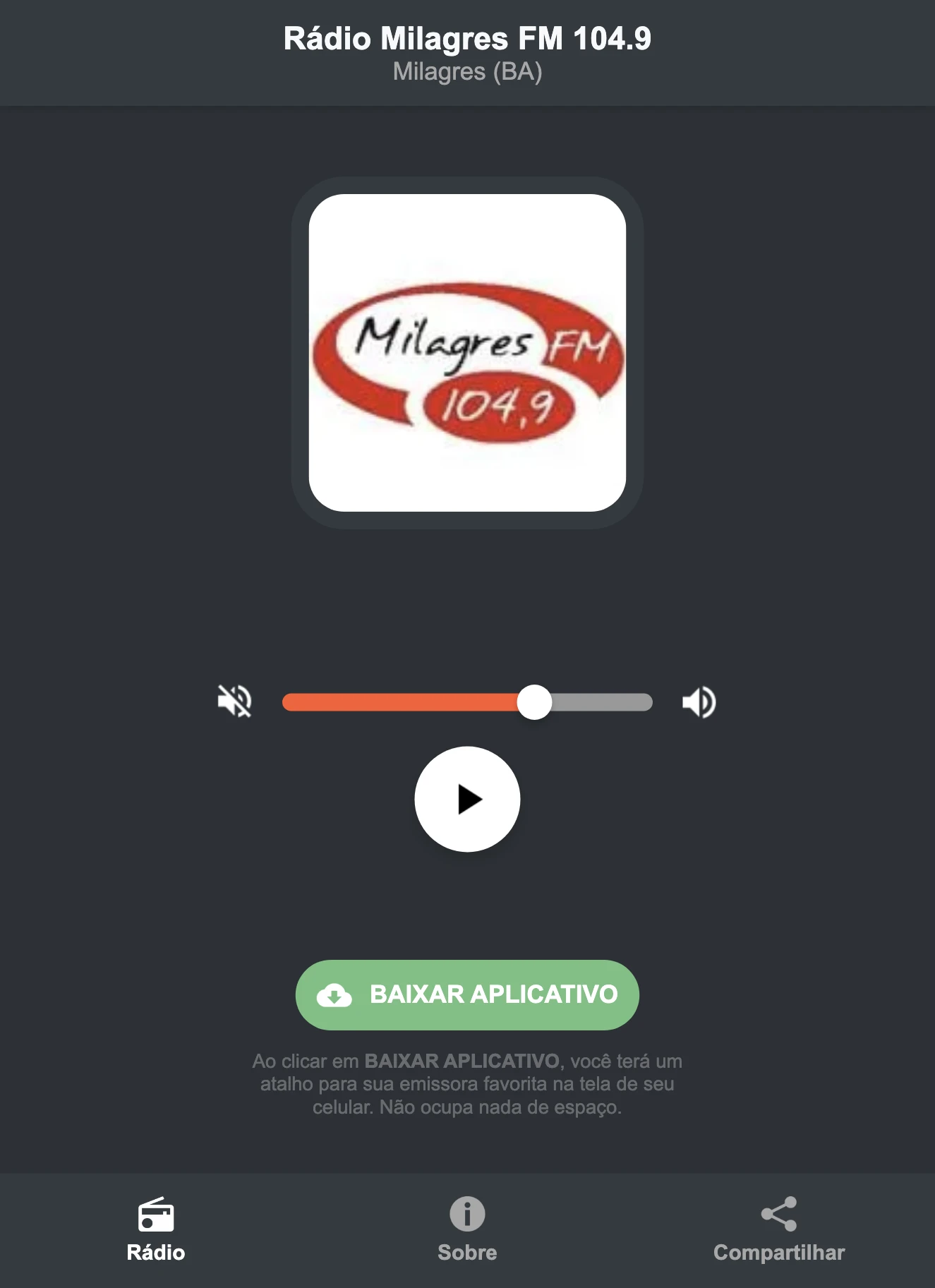Screenshot do aplicativo da Rádio Milagres FM 104.9