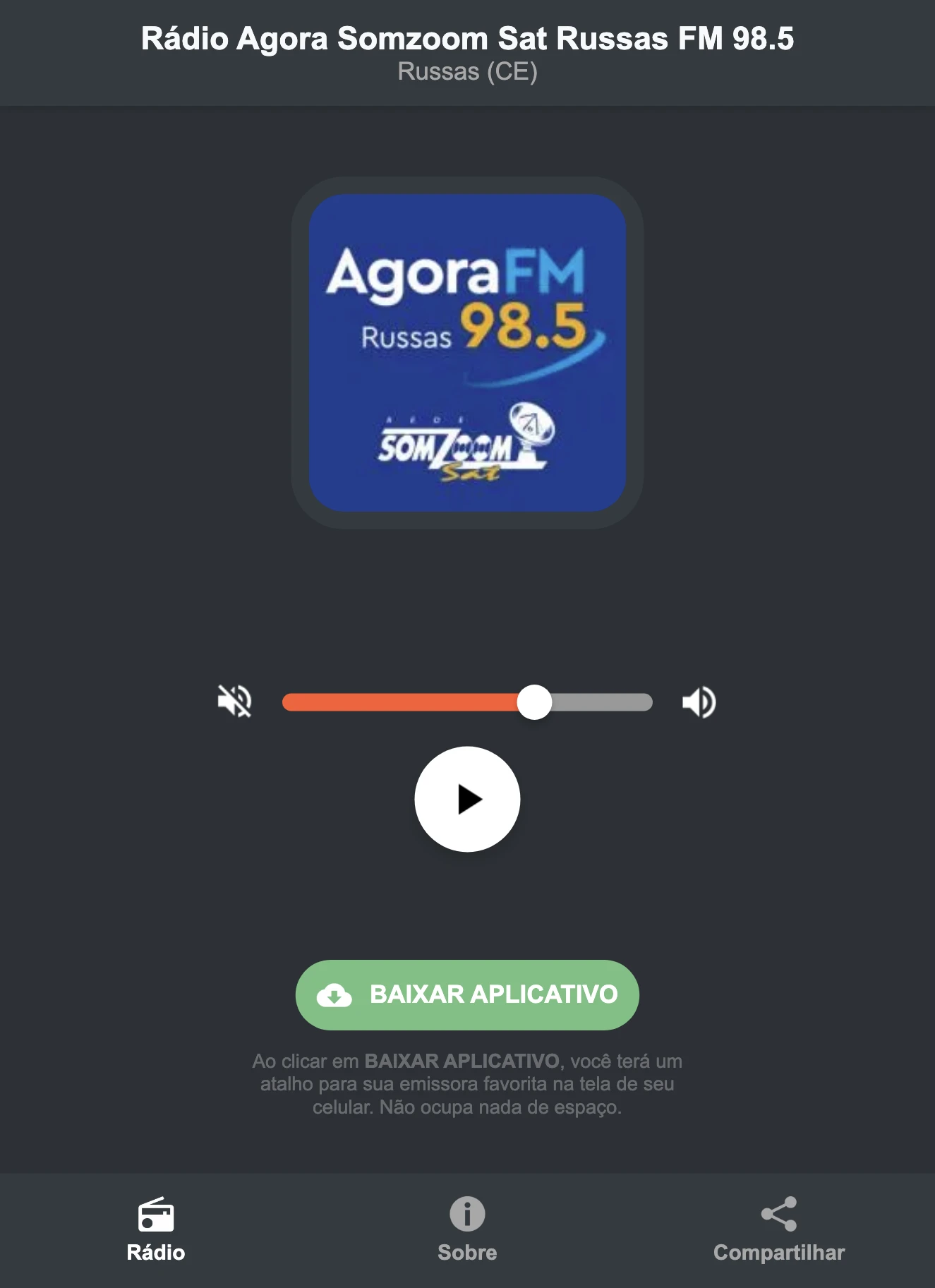 Screenshot do aplicativo da Rádio Agora Somzoom Sat Russas FM 98.5