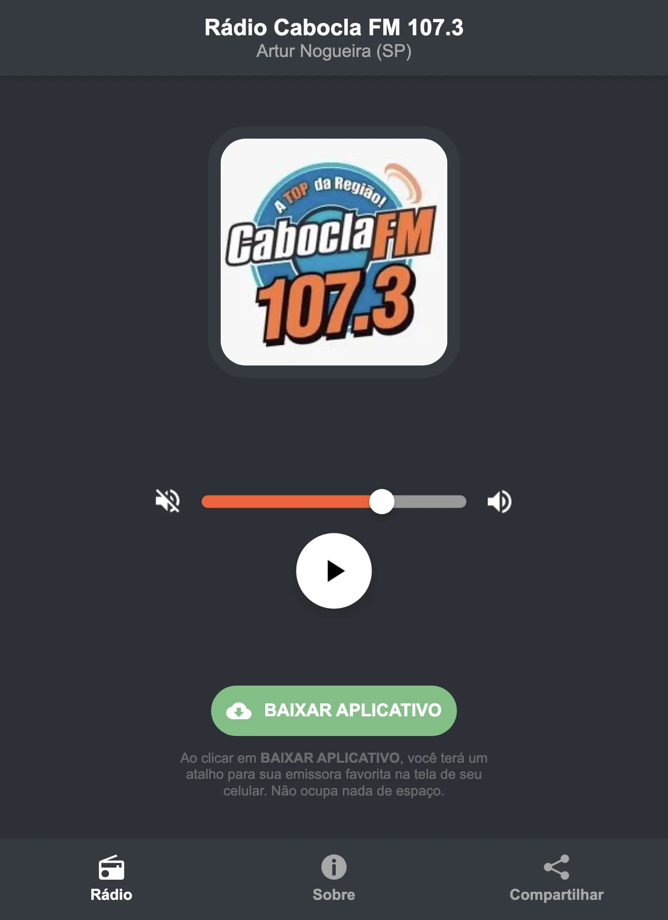 Screenshot do aplicativo da Rádio Cabocla FM 107.3