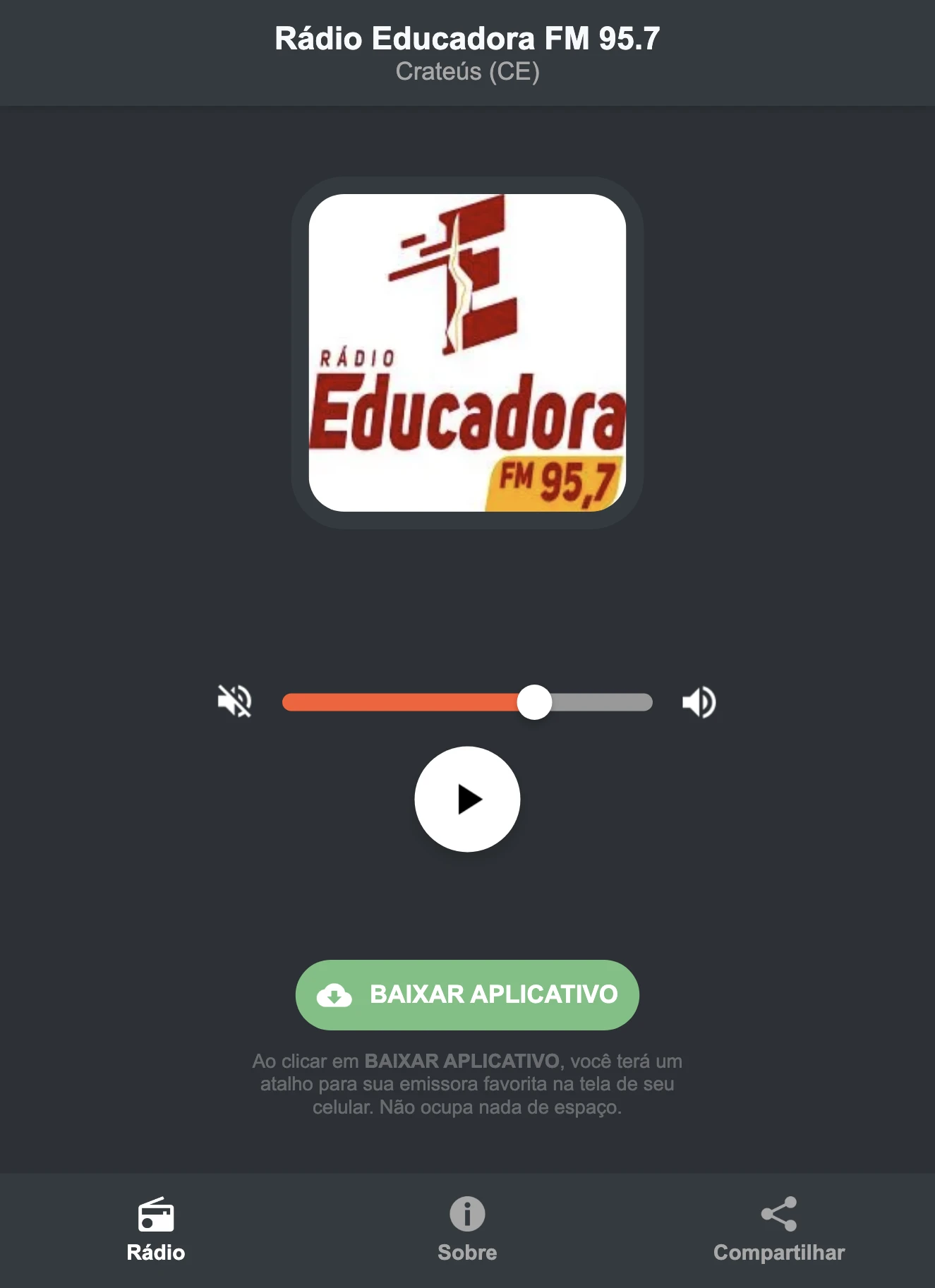 Screenshot do aplicativo da Rádio Educadora FM 95.7
