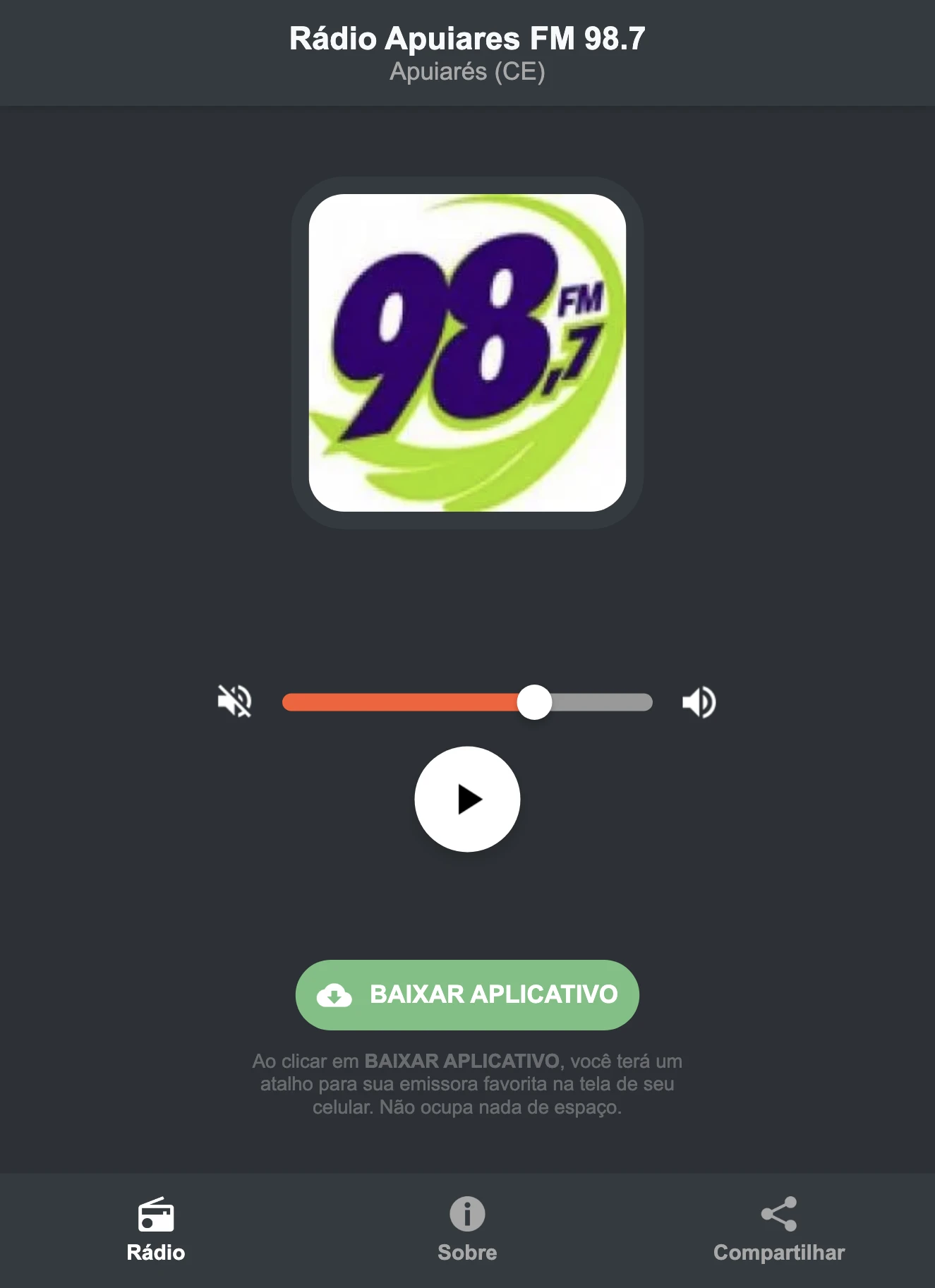 Screenshot do aplicativo da Rádio Apuiares FM 98.7